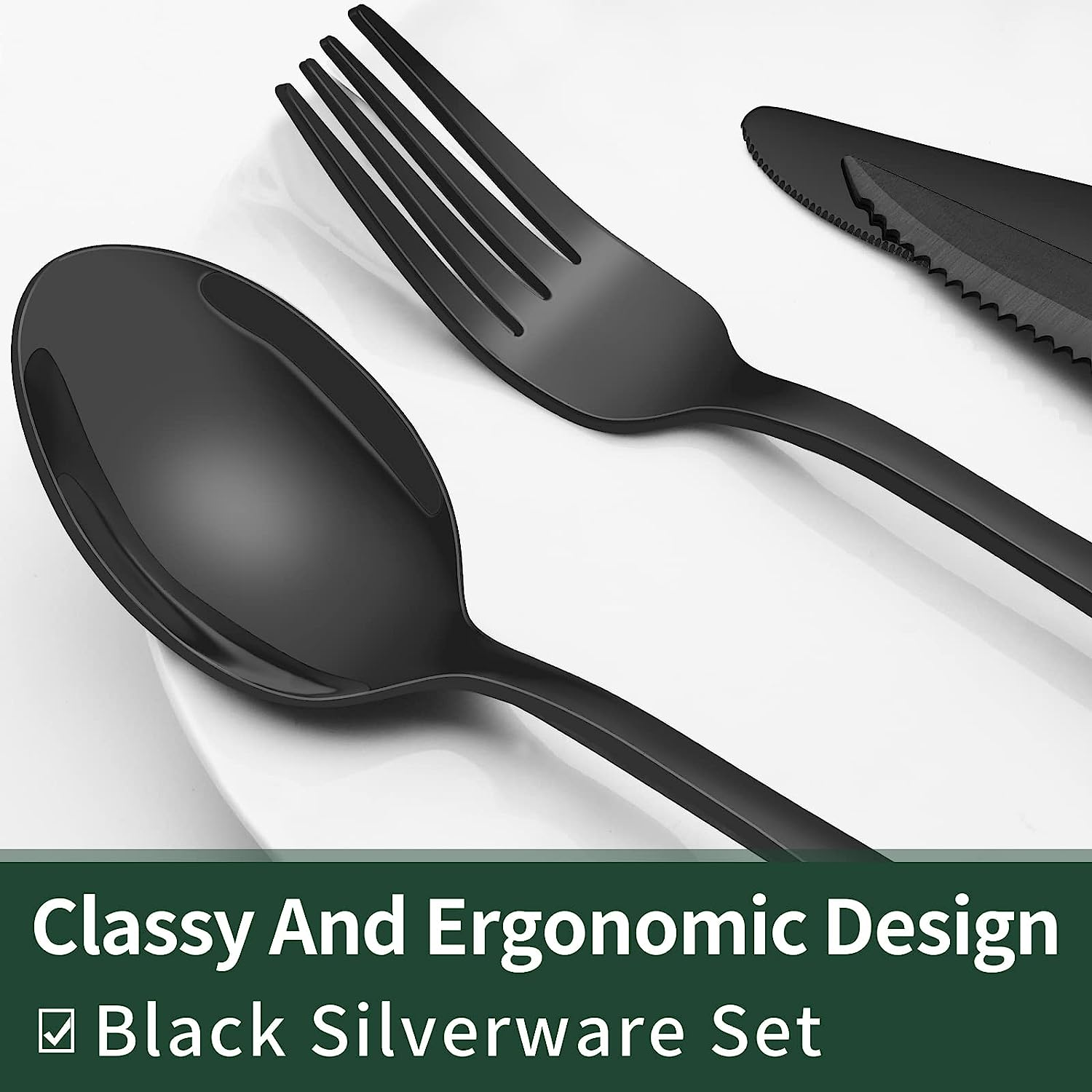 24-Piece Black Silverware Set with Steak Knives, Black Flatware Set for 4, Food-Grade Stainless Steel Tableware Cutlery Set, Mirror Finished Utensil Sets for Home Restaurant image number 3