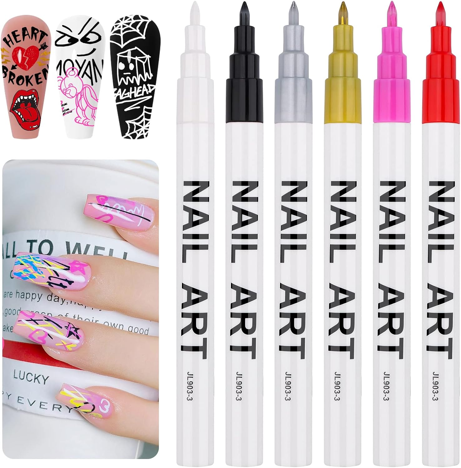 6 Color 3D Nail Art Pens Set, Kalolary Nail Point Graffiti Dotting Pen Drawing Painting Liner Brush for DIY Nail Art Beauty Adorn Manicure Tools (A) image number 2
