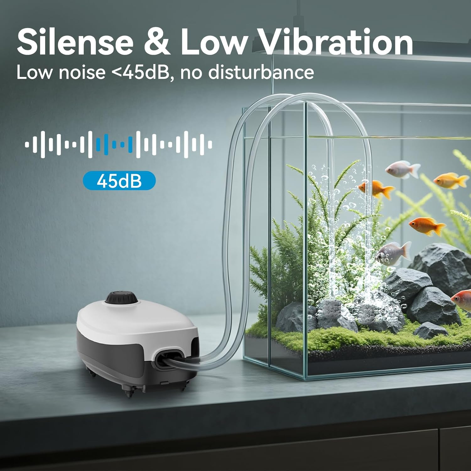 Mosiller Fish Tank Air Pump Dual Outlet - 4W Aquarium Electric Air Pump, Ultra Quiet 5L/Min Oxygen Pump, Adjustable Fish Tank Aerator with with Air Stone Bubbler Accessories for up to 500L image number 4