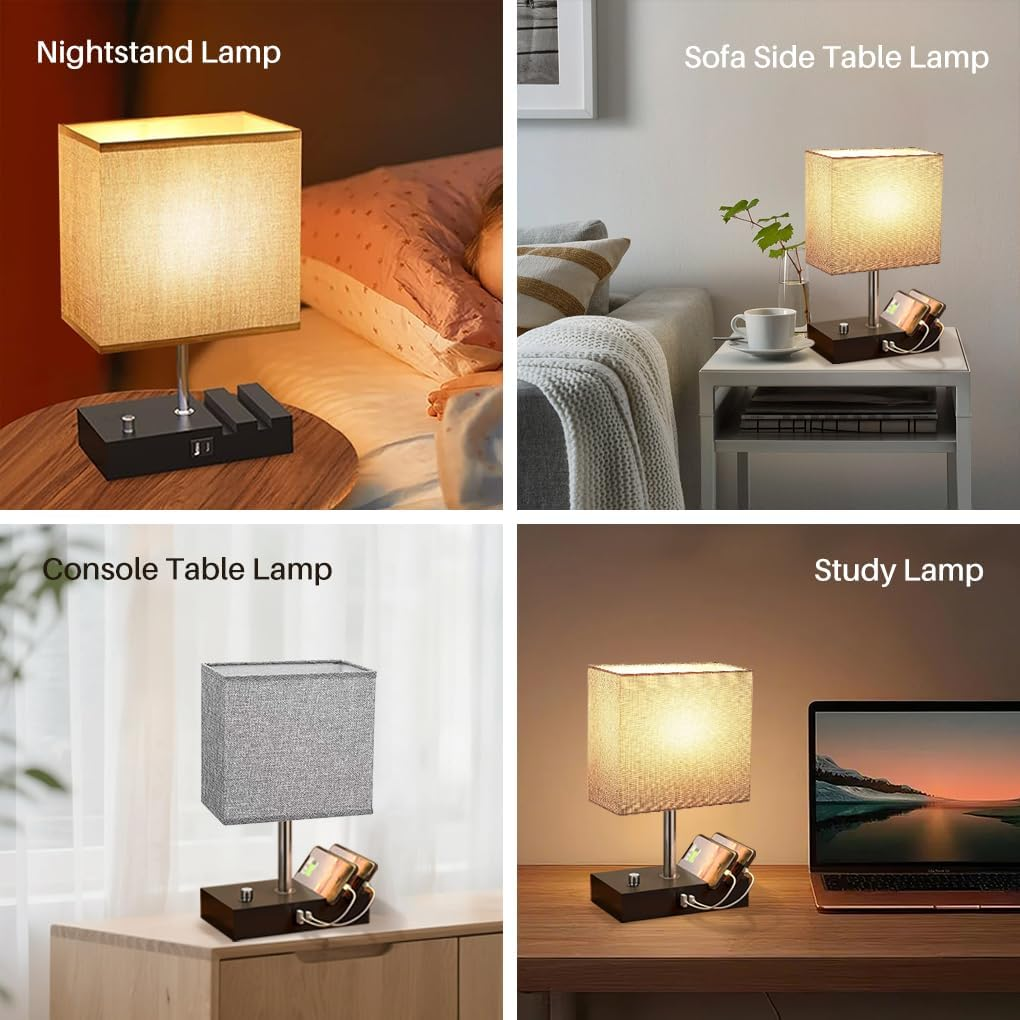Clora Bedside Lamp with USB A+C Charging Ports, Dimmable Table Lamp with 2 Phone Stands and Fabric Shade 6W LED Bulb Included Nighstand Light for Living Room Bedroom Home Office Dorm Gift image number 5