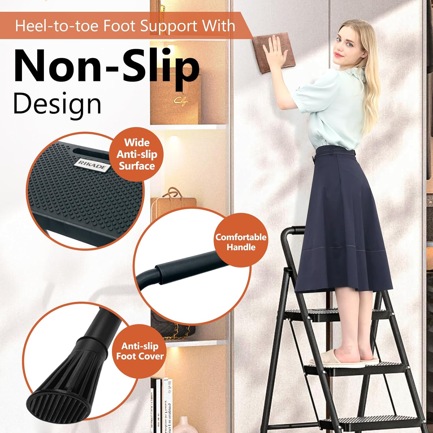 3 Step Ladder, RIKADE Folding Step Stool, Step Stool with Wide Anti-Slip Pedal, Lightweight, Portable Folding Step Ladder with Handgrip, Multi-Use Steel Ladder for Household and Office image number 4