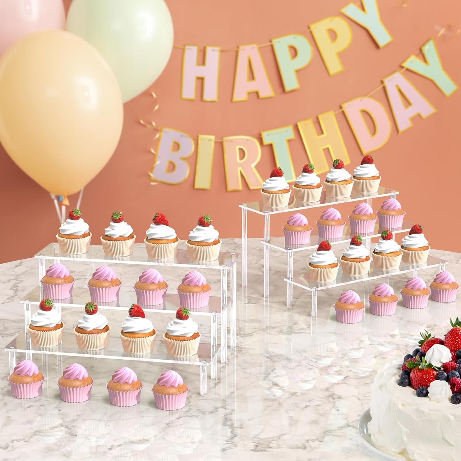 Acrylic Display Stand, 3 Tier Clear Acrylic Riser Display Shelf, Perfume Organizer Stand & Clear Cupcake Stand Holder, Display Holder for Amiibo POP Figures Toy, Riser Stand for Decoration & Organizer image number 4