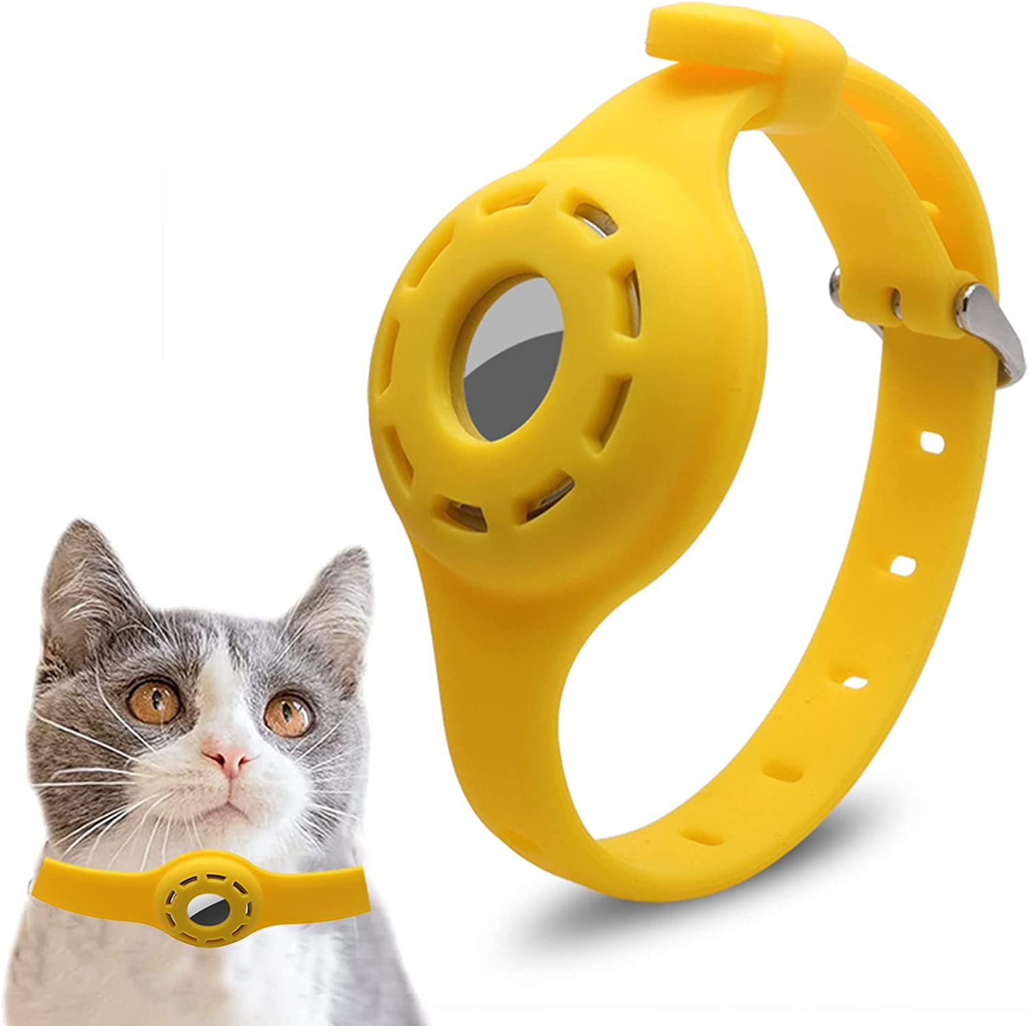 Silicone Dog Collar for Airtag - Anti-Lost Adjustable Cat Collar for Pet Finder (Yellow) - Red image number 2