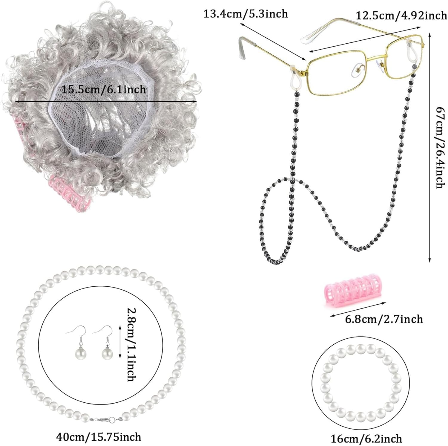 8Pcs Old Lady Dress up Wig Set, Granny Cosplay Set Halloween Grandma Curly Hair - Grandmother Wig, Hair Cap,Granny Glasses, Eyeglass Chains Cords Strap,Curlers,Pearl Necklace,Pearl Earrings image number 1
