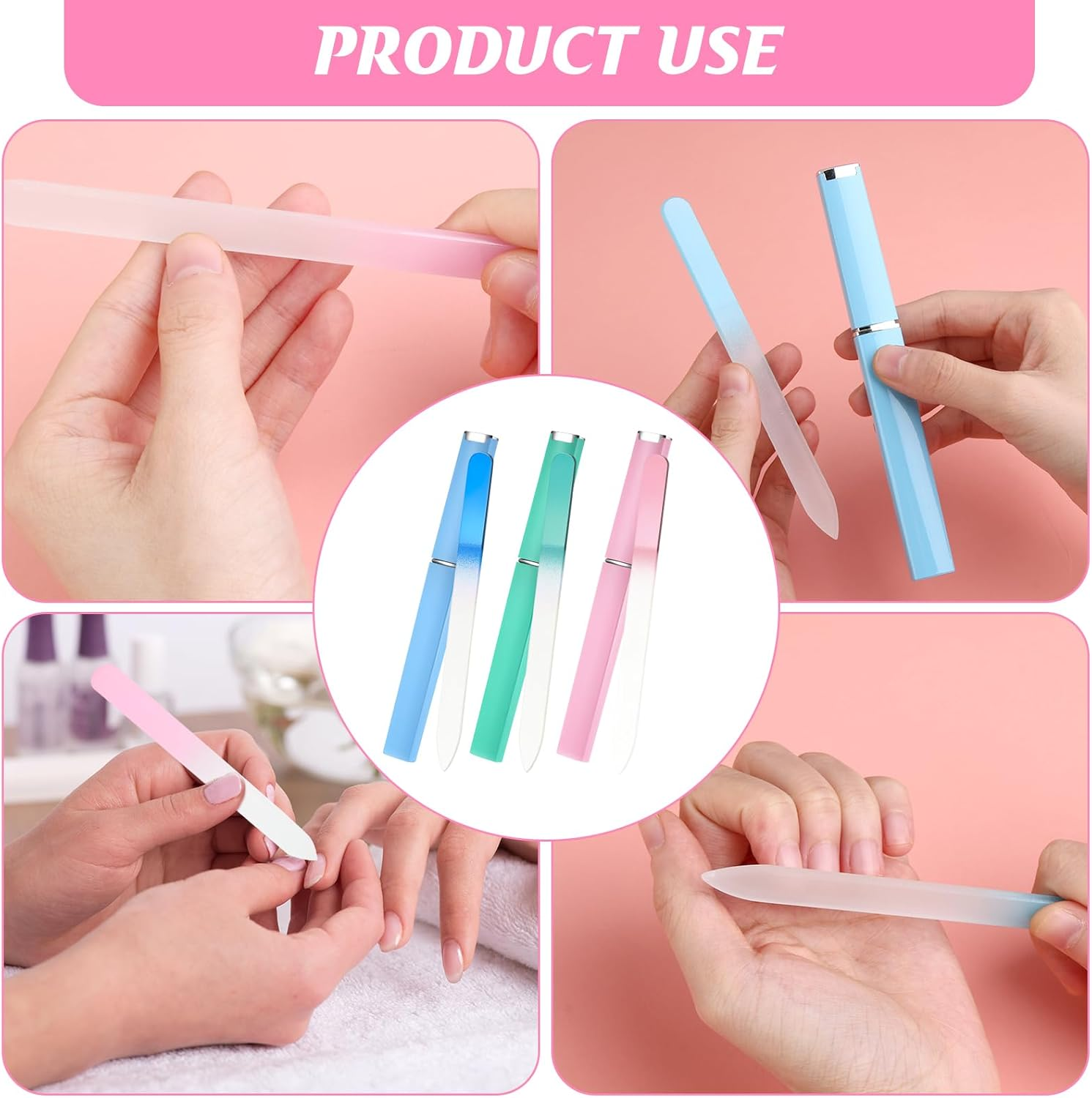 3 Pcs Glass Nail Files Set with Protective Case, Reusable Etched Nail Filer & Buffer for Natural, Acrylic & Gel Nails, Travel Friendly Manicure Kit for Women & Adults, Unique Gift (Pink, Blue, Green) image number 1