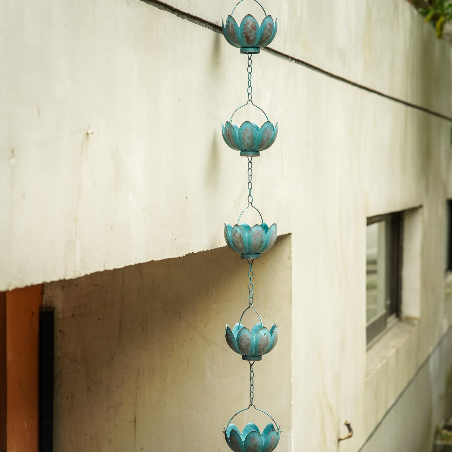 Topadorn 8.5 FT Rain Chain Iron Gutter Chains with 12 Rain Collector Thick Iron Flower Cups Garden Decoration,Lake Blue image number 6
