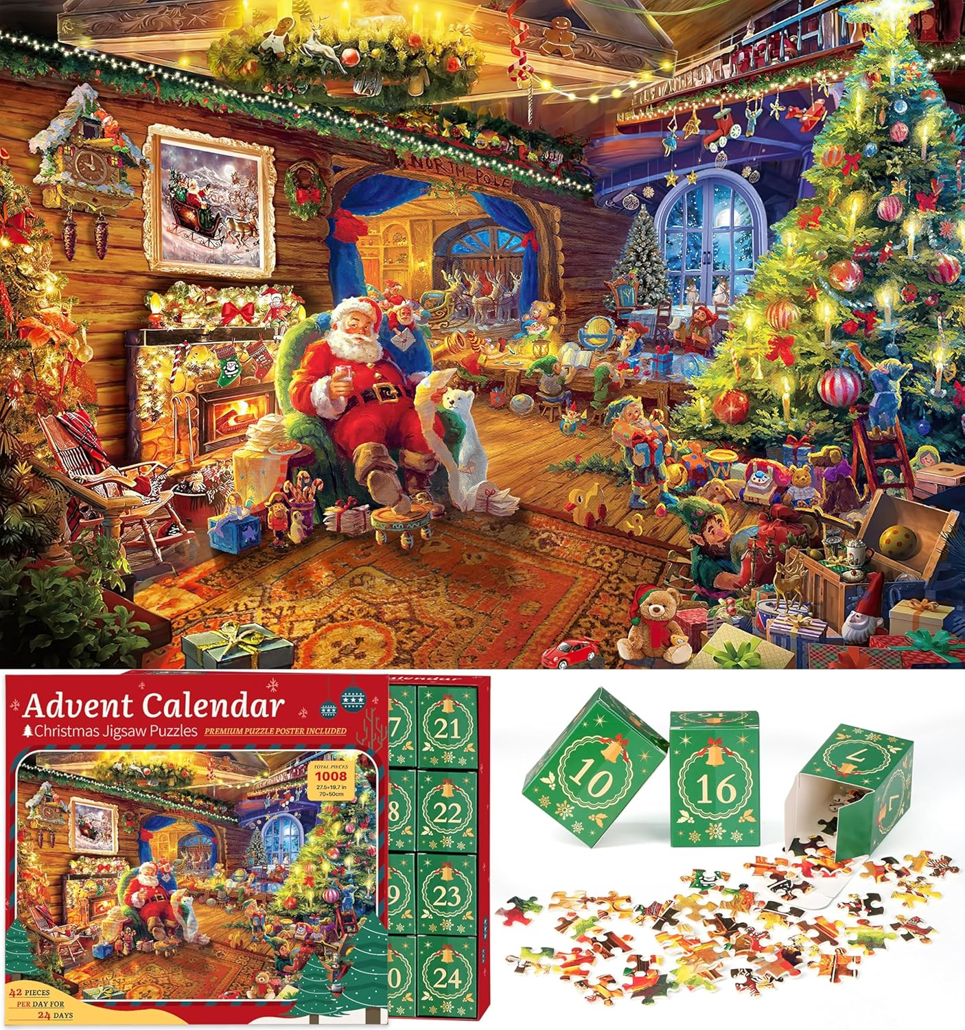 Advent Calendar 2025 Christmas Puzzle for Kids Adults - Santa'S Workshop 24 Boxes 1008 Pieces Advent Puzzle Countdown to Christmas Gifts for Boys Girls(27.56" X 19.69") image number 1