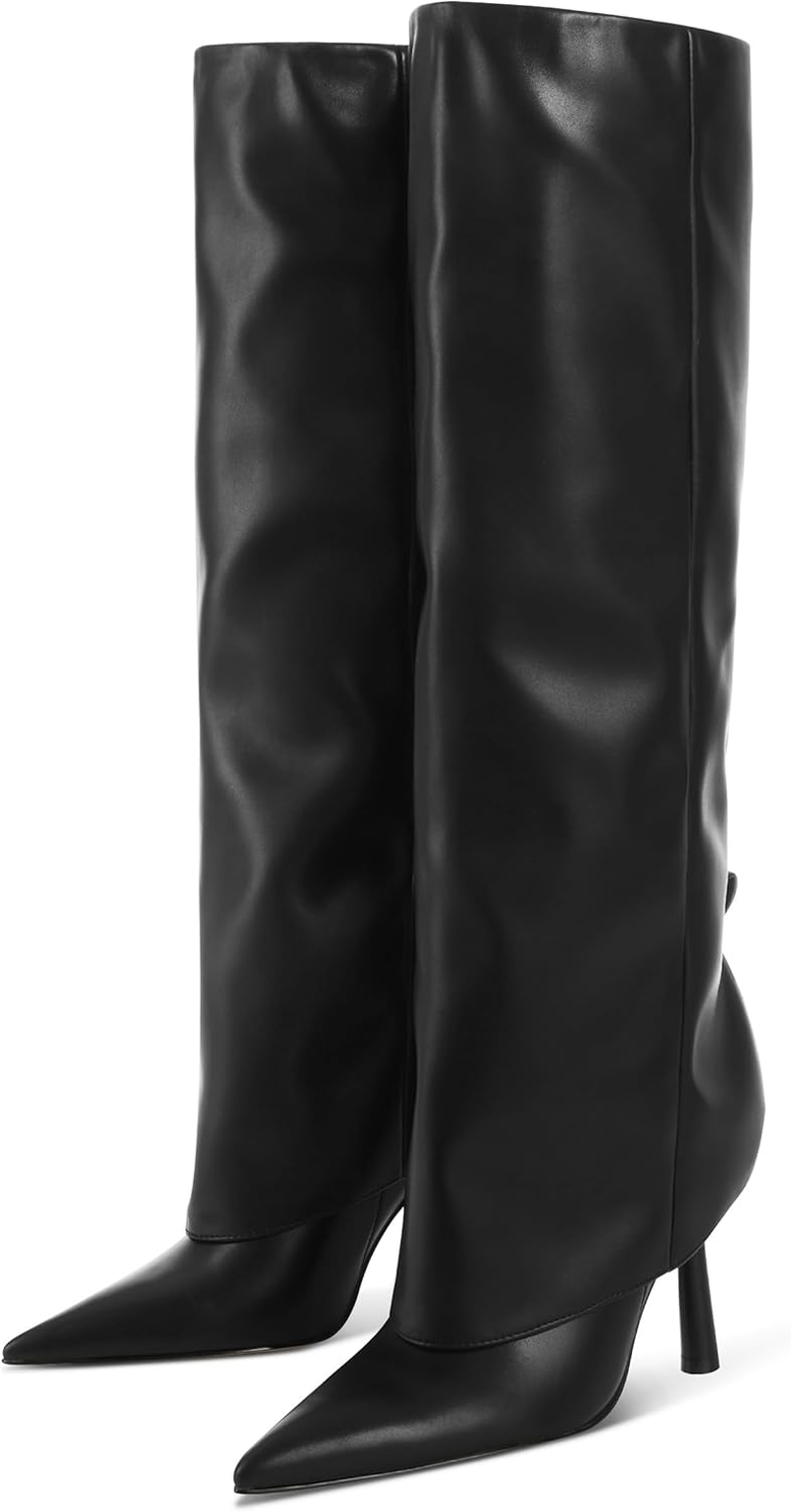 Oiamenne Knee High Boots Women'S Fold over Boots Pointed Toe Stiletto Heel Tall Boots Slip on Sexy Long Boots Fashion Dress Boots for Women