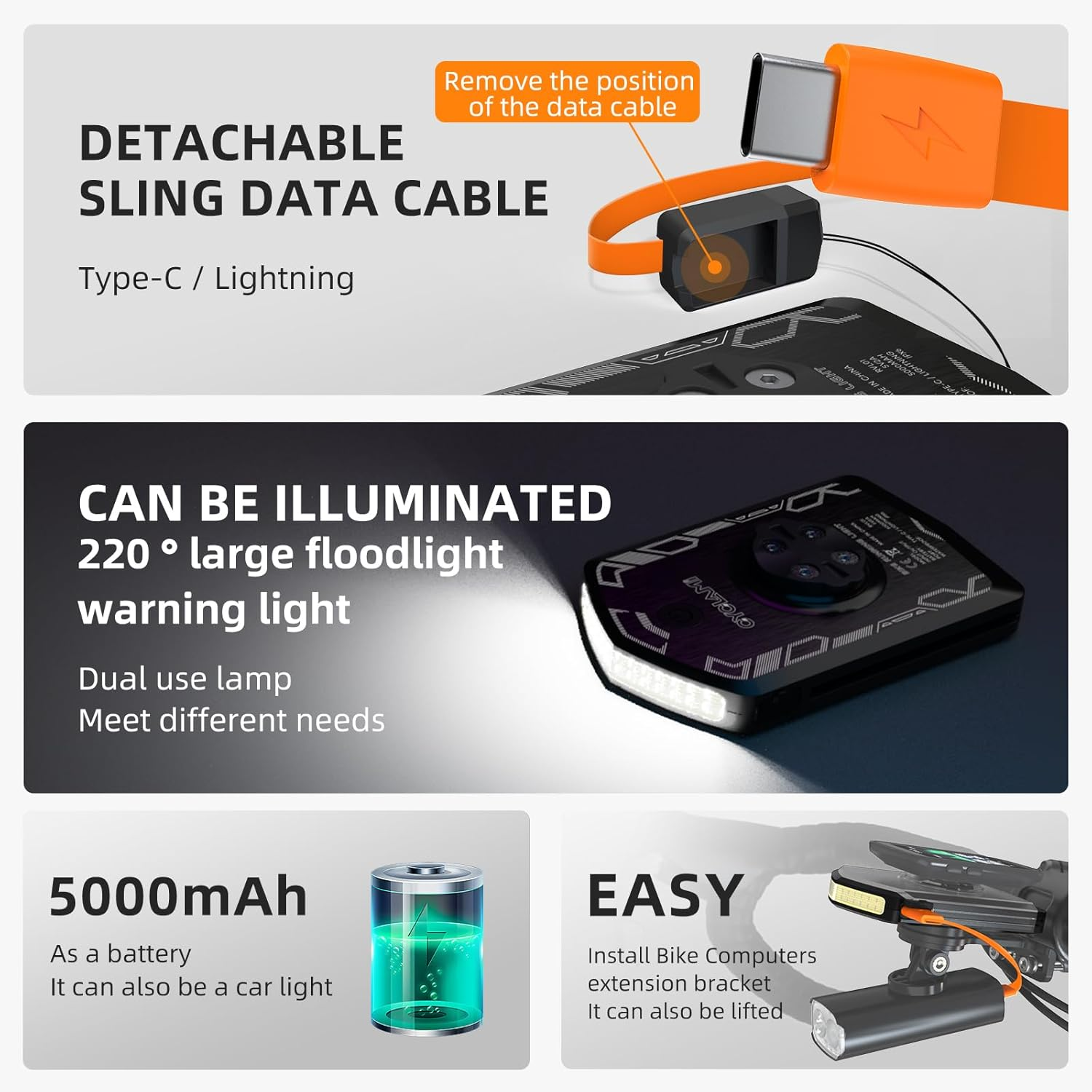 CYCLAMI Front Lights，Bike Lights Compatible with Garmin/Igpsport/Magene/Cycle Computers, 5000Mah 120Lumens 4 Light Modes IPX6 Waterproof Type-C Front Bicycle Lights Daylight Cycling Headlight image number 1