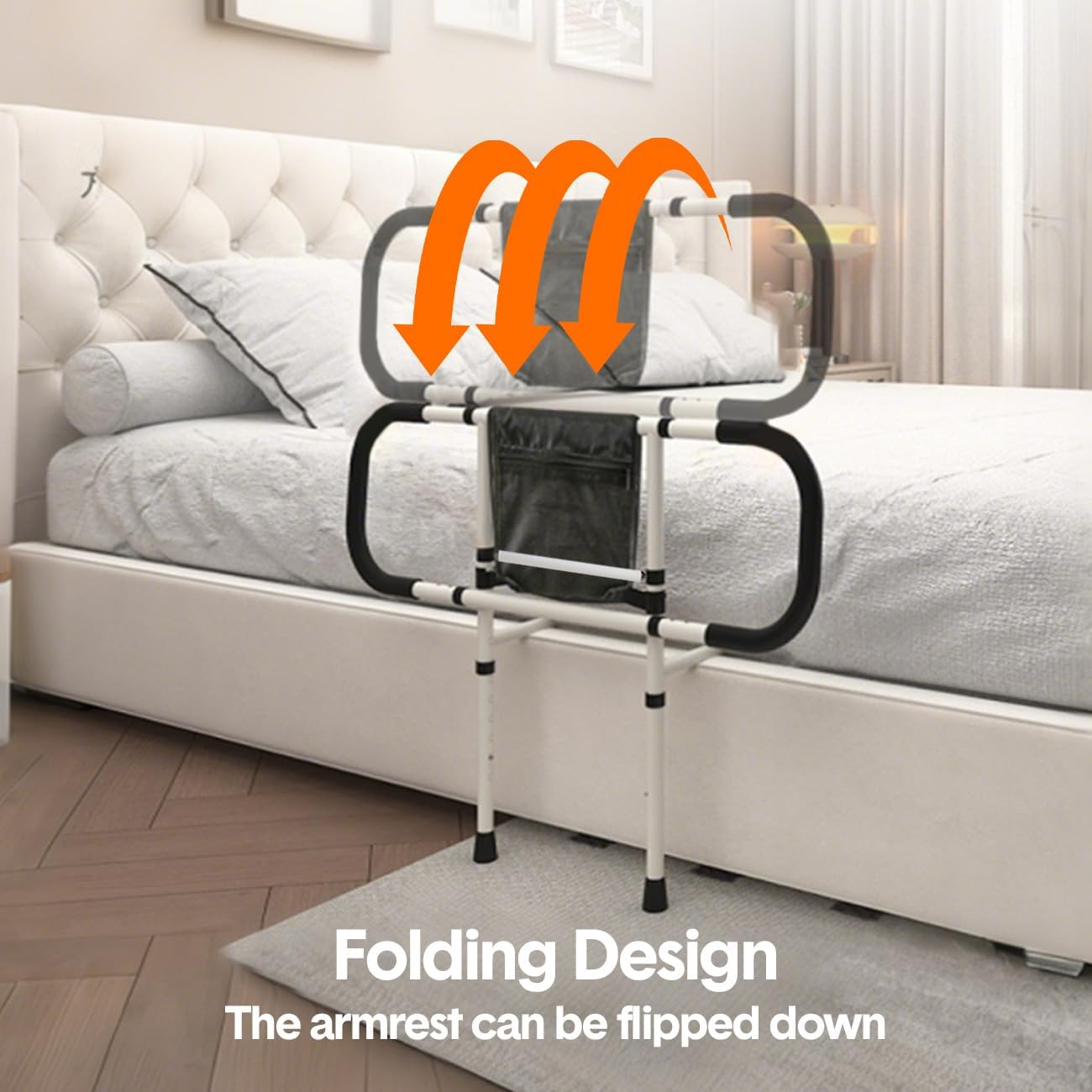 Bed Rails for Elderly Adults Safety Assistance, Bed Guardrails for Elderly Stand Adjustable Width and Height, Foldable Bedside Support Rail Bed with Pocket and Grab Bar image number 1