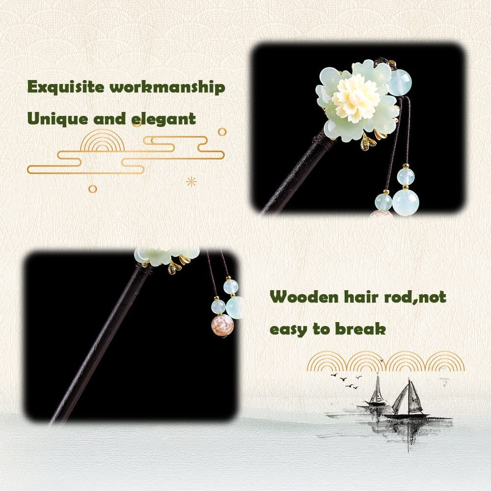 2 Pcs Wooden Chinese Hair Sticks for Long Hair, Vintage Retro Hair Chopsticks for Women Bun, Elegant Flower Tassel Chinese Hair Pins Chignon image number 4