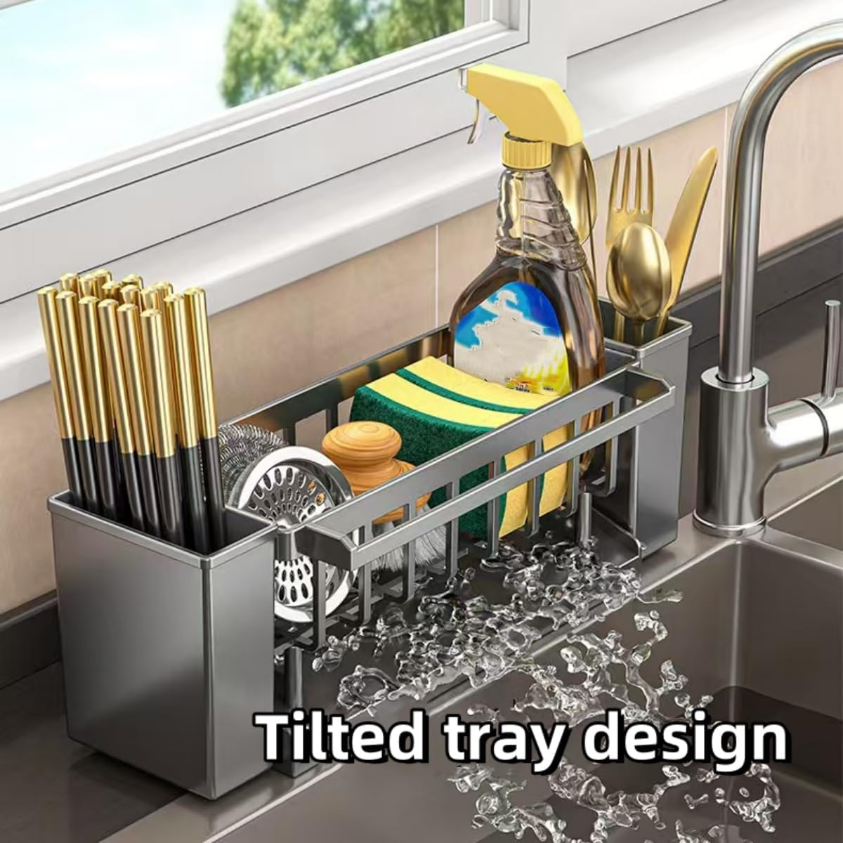 Sponge Holder for Kitchen Sink,Kitchen Sink Organizer,Sink Caddy,High-Strength ABS Material Dish Sponge Organizer with Water Tray,Dish Soap Holder Storage(Black) image number 5