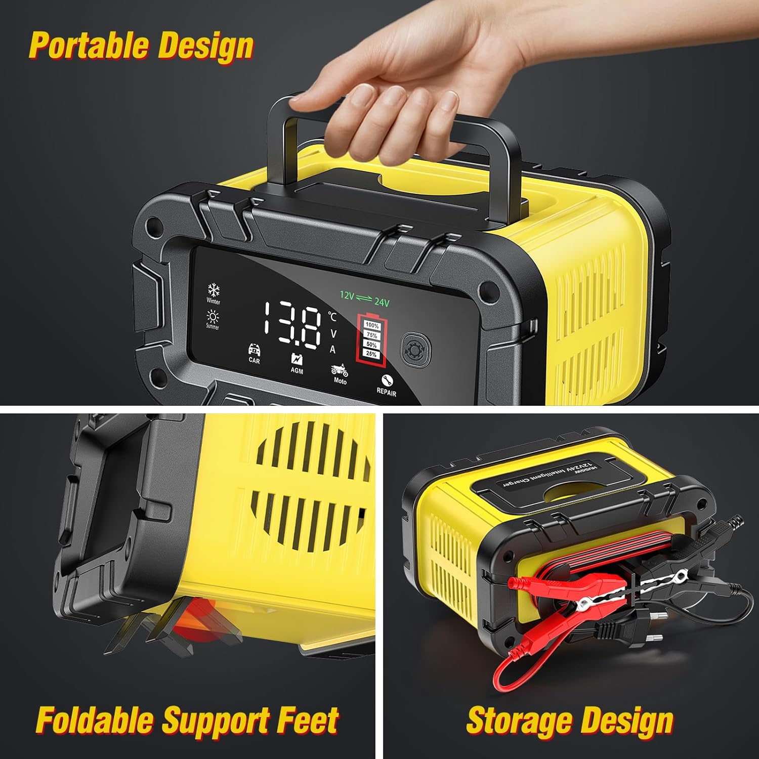 12V / 24V Car Charger, 20A Multi Protections Motorcycle Battery Charger, Intelligent LCD Screen Fully Automatic Battery Charger for Motorcycles, Boats, Cars, Agm/Lithium Battery (Black,Yellow) image number 4