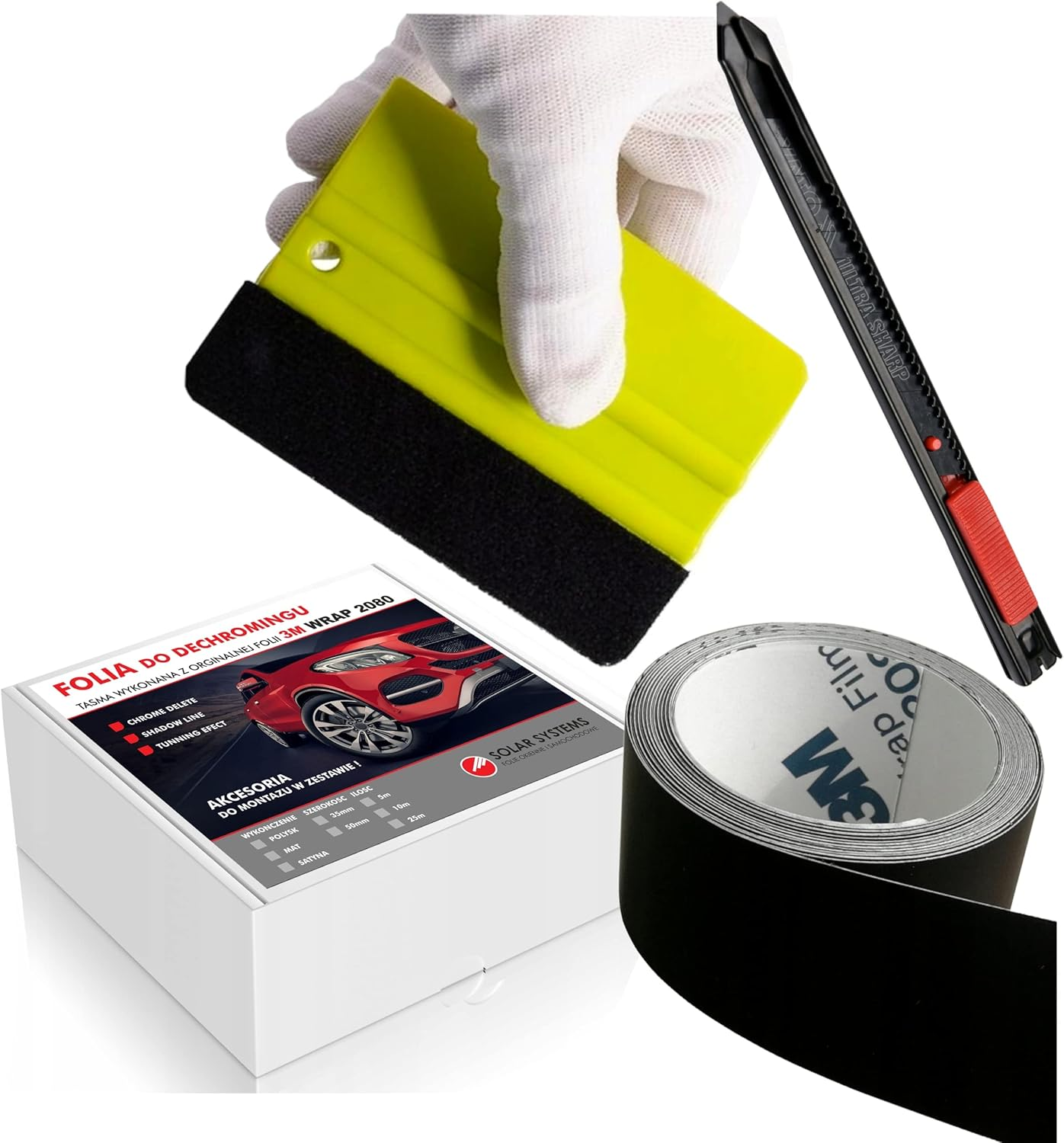 Solar Systems 3M WRAP 2080 Self-Adhesive Car Film - Demoldering Tape + Squeegee and Knife - Car Tuning - Car Film Glossy Black 5 Cm X 10 M