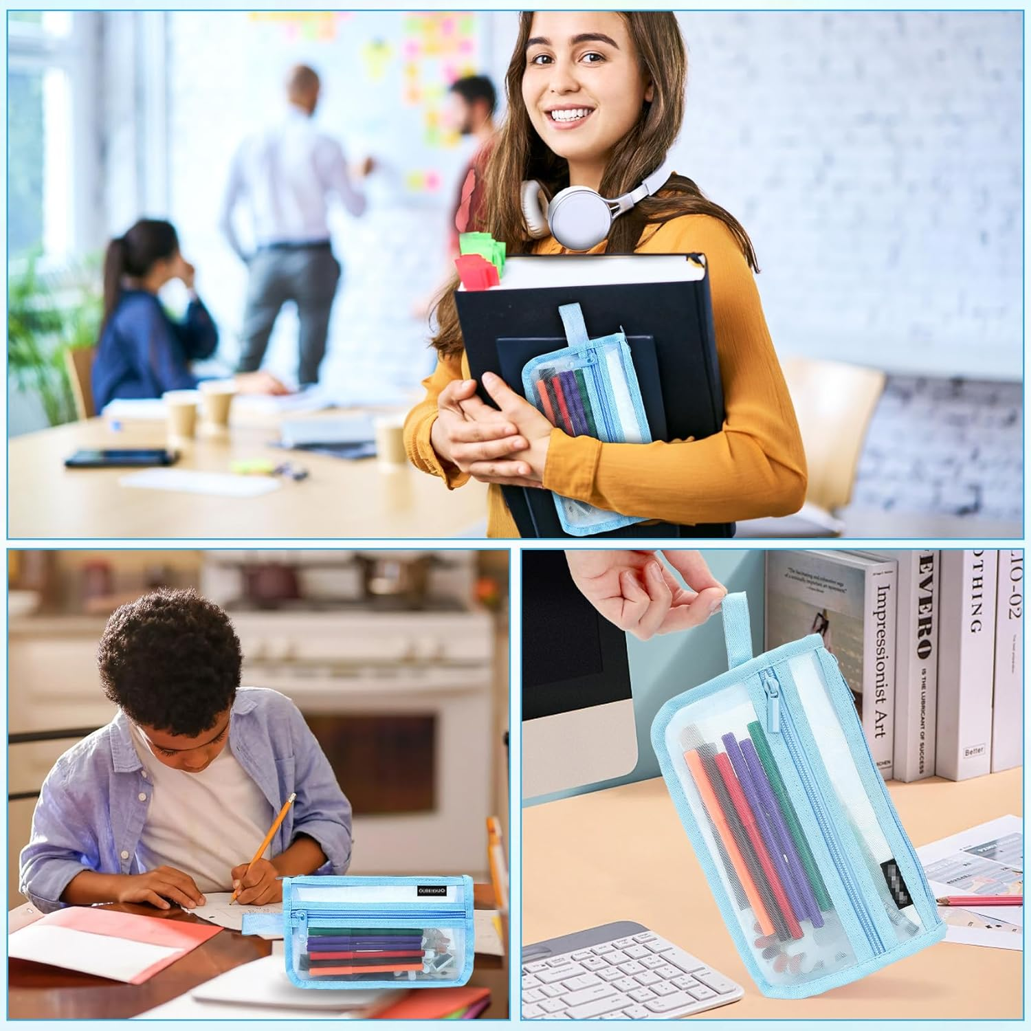 Mesh Transparent Pencil Case,Grid Mesh Pencil Case with Zipper,1Pcs Blue Clear Case Large Pen Bag,Multifunctional Mesh Pen Pouch,Transparent Portable Storage Organizer Holder for Makeup Tool image number 1