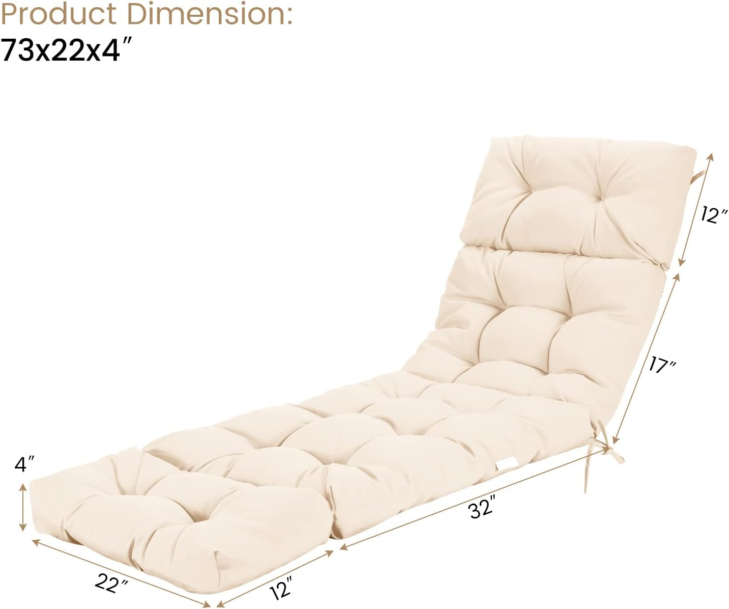 GRAFFY Lounge Chair Cushion, 72&rdquo; X 22&rdquo; X 4&rdquo; Patio Chaise Lounge Cushion W/4 String Ties, Thickened Recliner Cushion W/Waterproof Design, Tufted Patio Recliner for Outdoor Indoor (Beige) image number 1