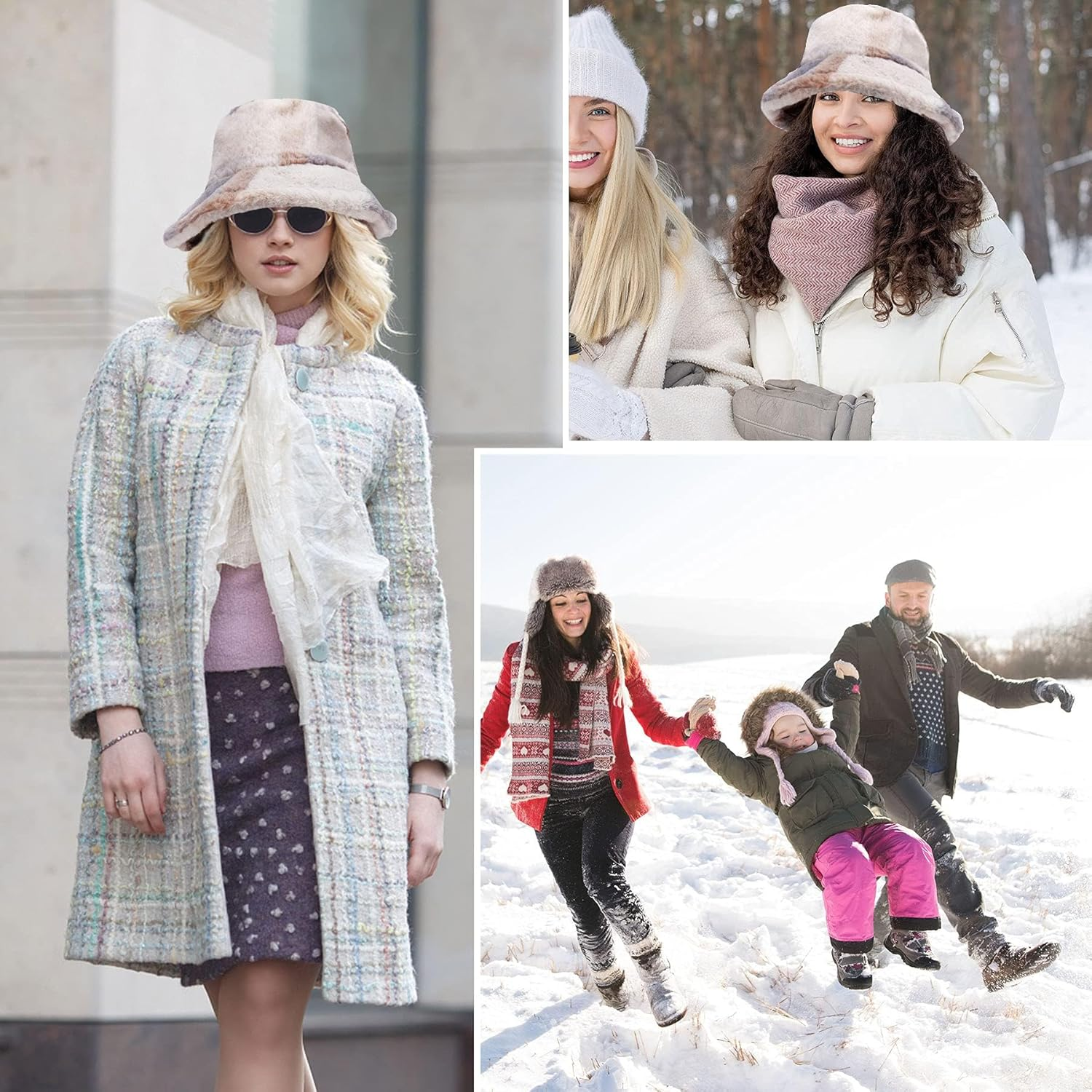 Hebenie Winter Bucket Hat - Women Fluffy Fisherman Hat Soft Faux Winter Fuzzy Furry Warm Thicken Wide Brim Plush Hat for Women Girls