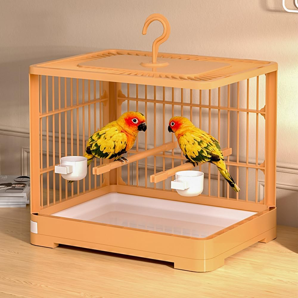 Parrot Cage, Portable Birdcage with Stand for Parrots, with Feeder Plastic Hanging Bird House Carrier, Foldable Pet House Cage, Lightweight Travel Cage with Detachable Tray Hook Handle, Orange image number 4