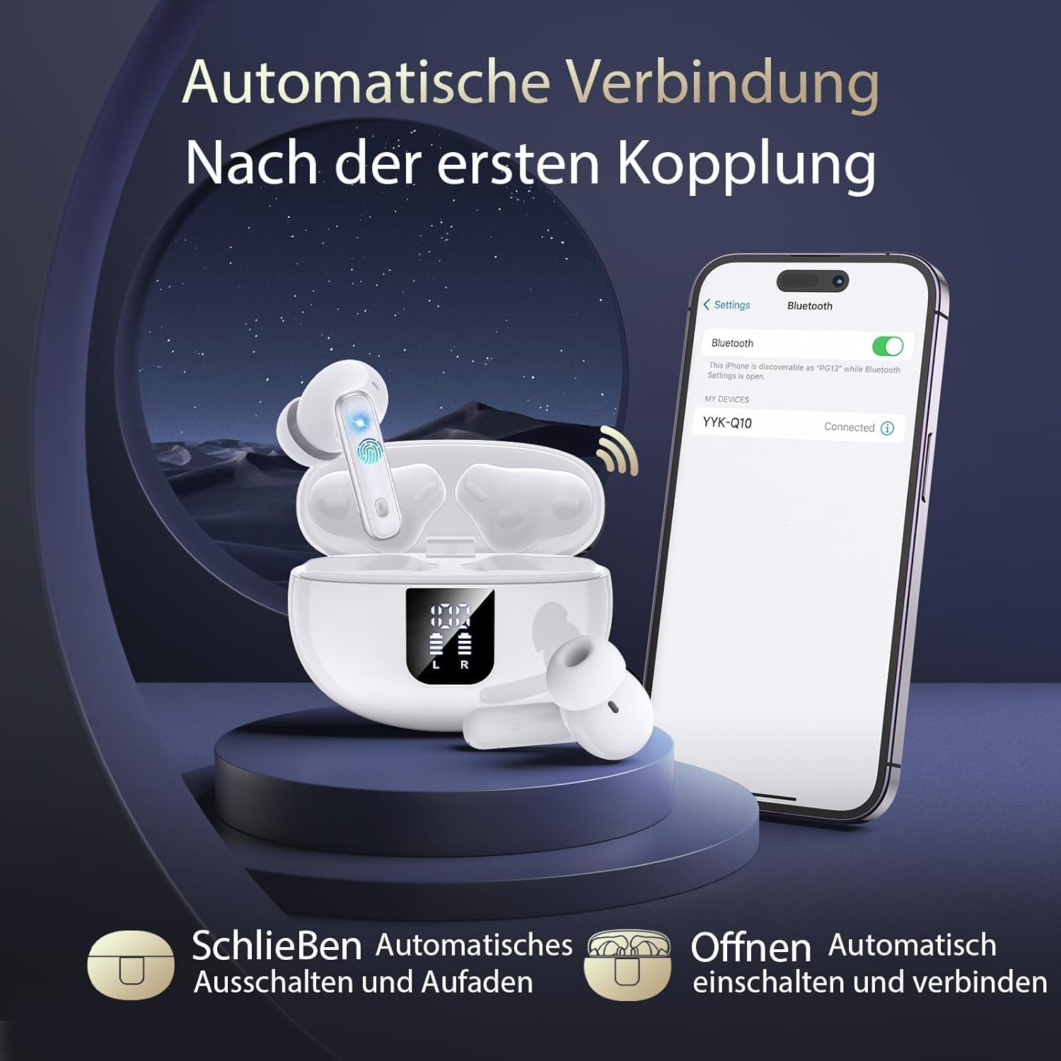 EUQQ Headphones Wireless Bluetooth 5.4 ANC+ENC Noise Cancelling In-Ear Headphones 360&deg; Hifi Stereo 1 Hour Quick Charge 36 Hours Playtime Earphones with LED Charging Box S/M/L Ear Caps Type C Charging image number 3