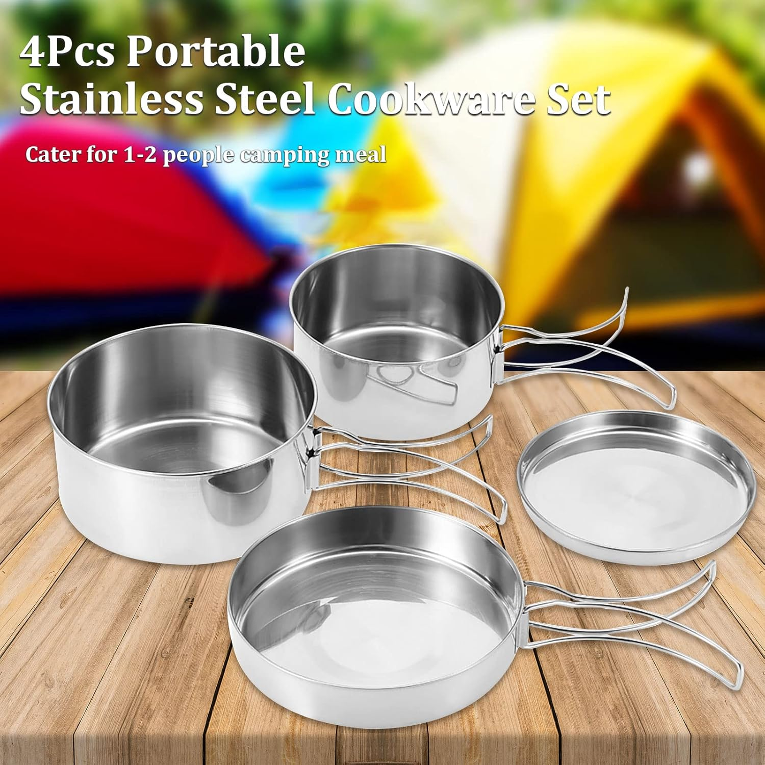 Camping Pots Pans, 4 Pieces Portable Stainless Steel Cookware Set Camping Picnic Outdoor Pan Pot Plate Tableware image number 3