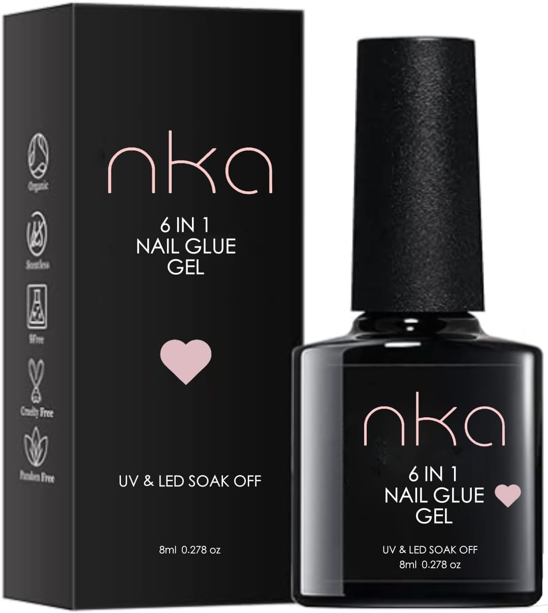 NKA 6 in 1 UV LED Nail Glue Gel, for Soft Gel Nail Tips, Press on Nails, Non Toxic 9 Free Formula, Blooming Gel, Strengthener, Base Coat -8Ml