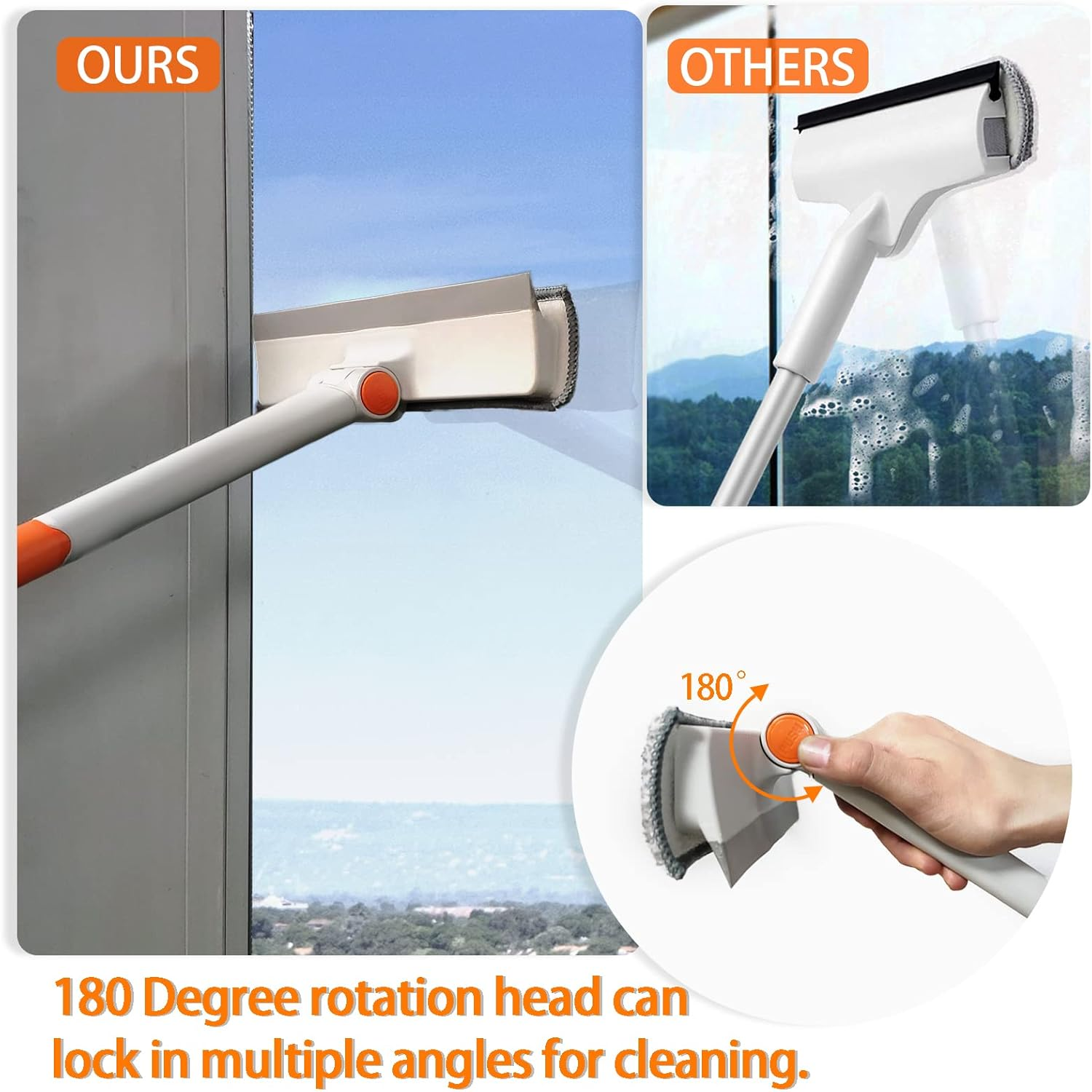 JEHONN Telescopic Window Squeegee Cleaning Equipment Kit 120 Cm 2 in 1 Extendable Window Cleaner Tool, Scraper and Scrubber Combo with 180 Degrees Rotation Head for Home Windows Glass Cars (Orange) image number 3