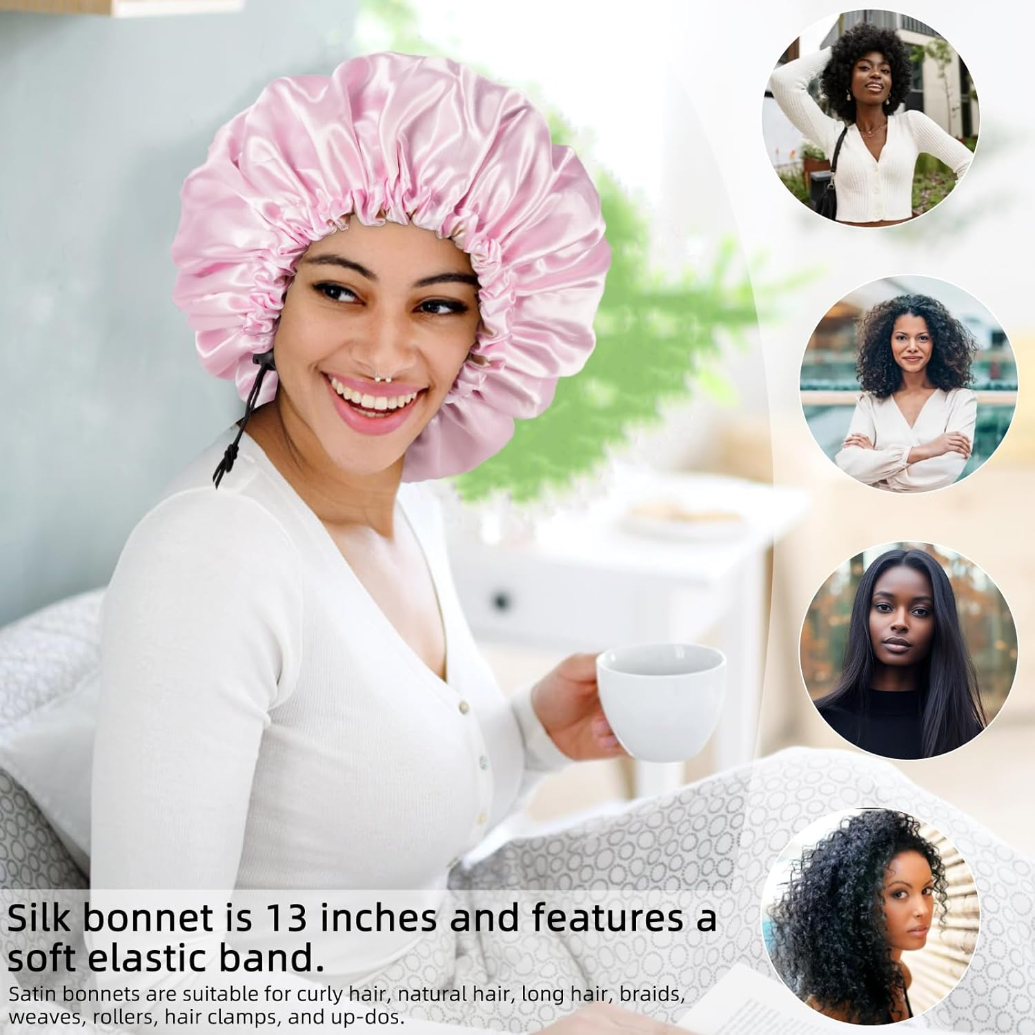 Edoneery Women'S Pink Satin Bonnet for Curly, Braided Hair; Sleeping Bonnets; Size 18-26 Inches; Adjustable Toggle; Classic Style image number 4