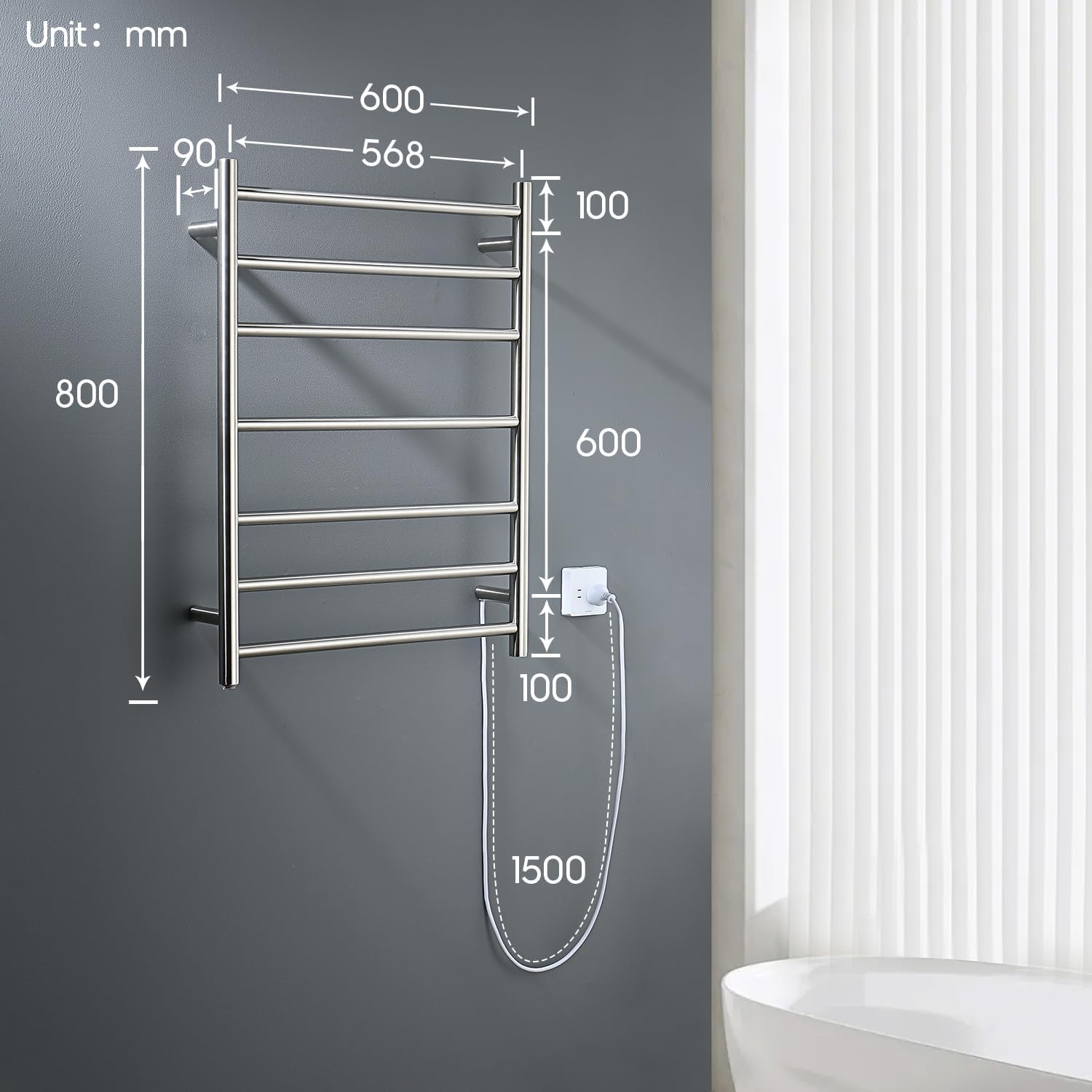 Decaura 7-Bar Heated Towel Rail, Electric Towel Warmer for Bathroom, Wall-Mounted, IP55 Waterproof, Plug-In or Hardwired, Stainless Steel, 600Wx800Hx122D Mm image number 2
