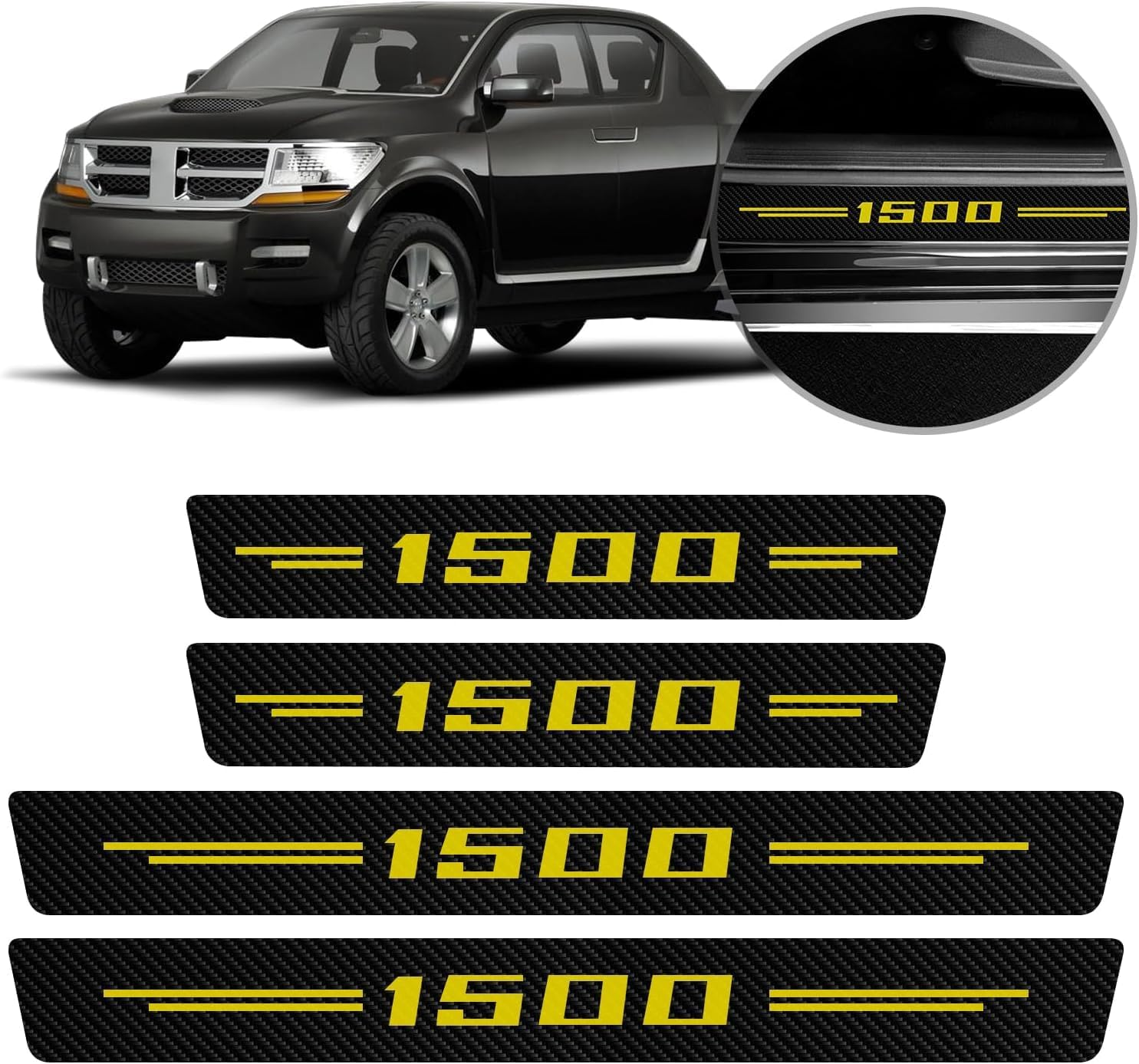 Car Door Sill Protectors 4Pcs for 1500, Carbon Fiber Leather Door Sill Sticker for RAM, Car Door Scuff Plate Door Entry Guard Threshold Scratch Protection Sticker Decoration (1500 Yellow)