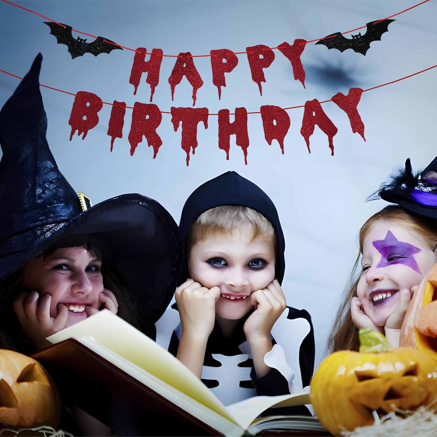 Red Glittery Happy Birthday Halloween Banner - Halloween Hanging Paper Garland Bunting Banner Bloody Bat Vampire Decorations, Photo Backdrop for Wall Home Mantle Office Wall Scary Party Supplies image number 6
