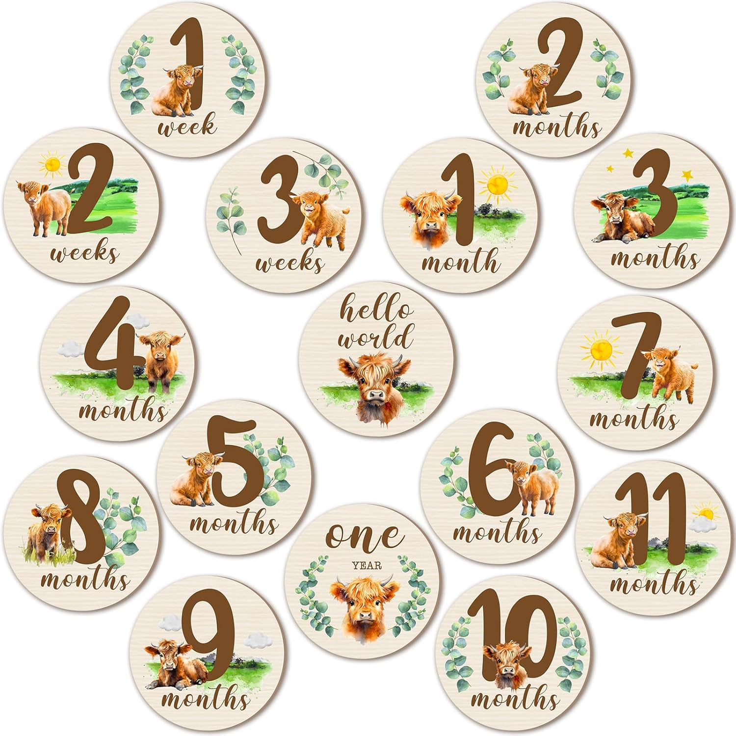 16 Pieces Wooden Baby Monthly Milestone Cards Baby Monthly Milestone Marker Discs Double Sided Monthly Milestone Wooden Circles Baby Months Signs for Baby Shower Newborn Photo Props(Blue Elephant)