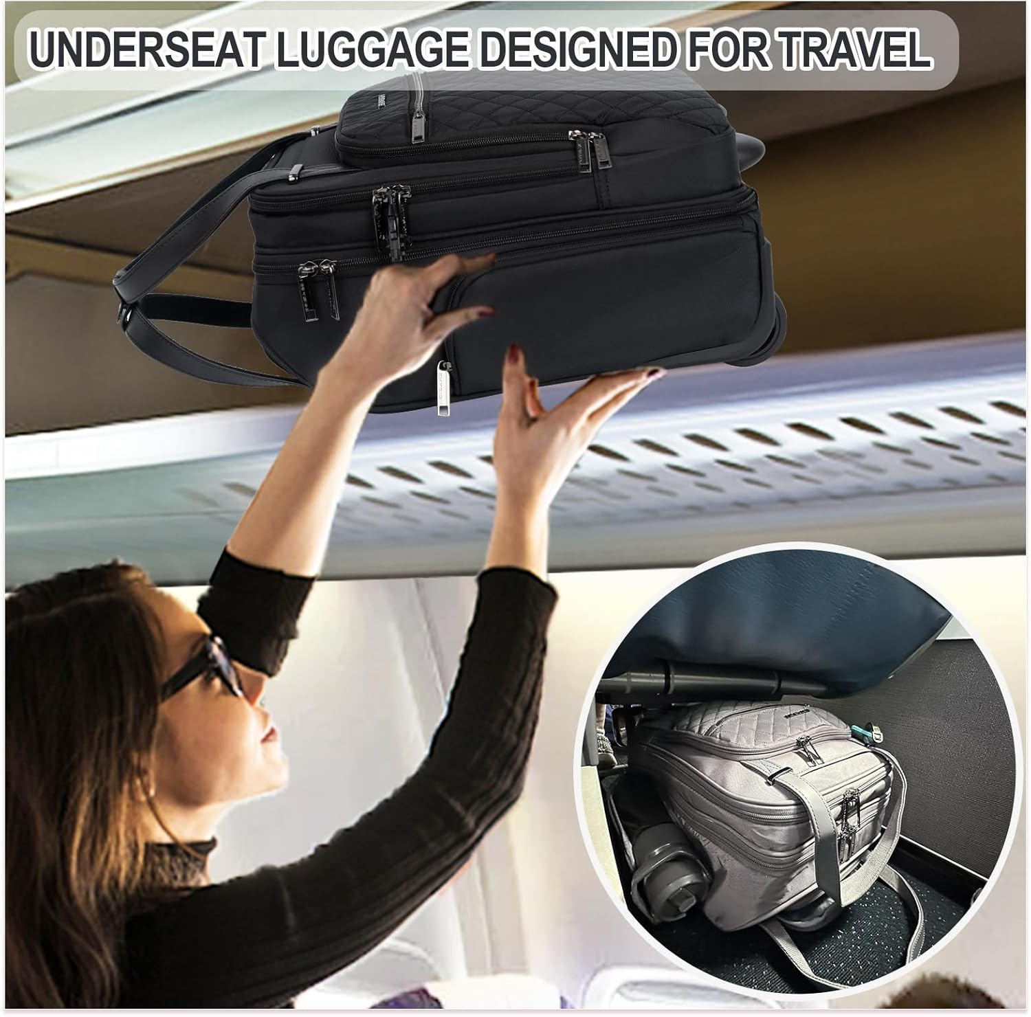 EMPSIGN Underseat Carry on Wheeled - 16" Carry on Bag with Wheels Multi-Functional Lightweight Rolling Bag Overnight Weekender Small Suitcase for Women Men Travel Business, Black image number 4