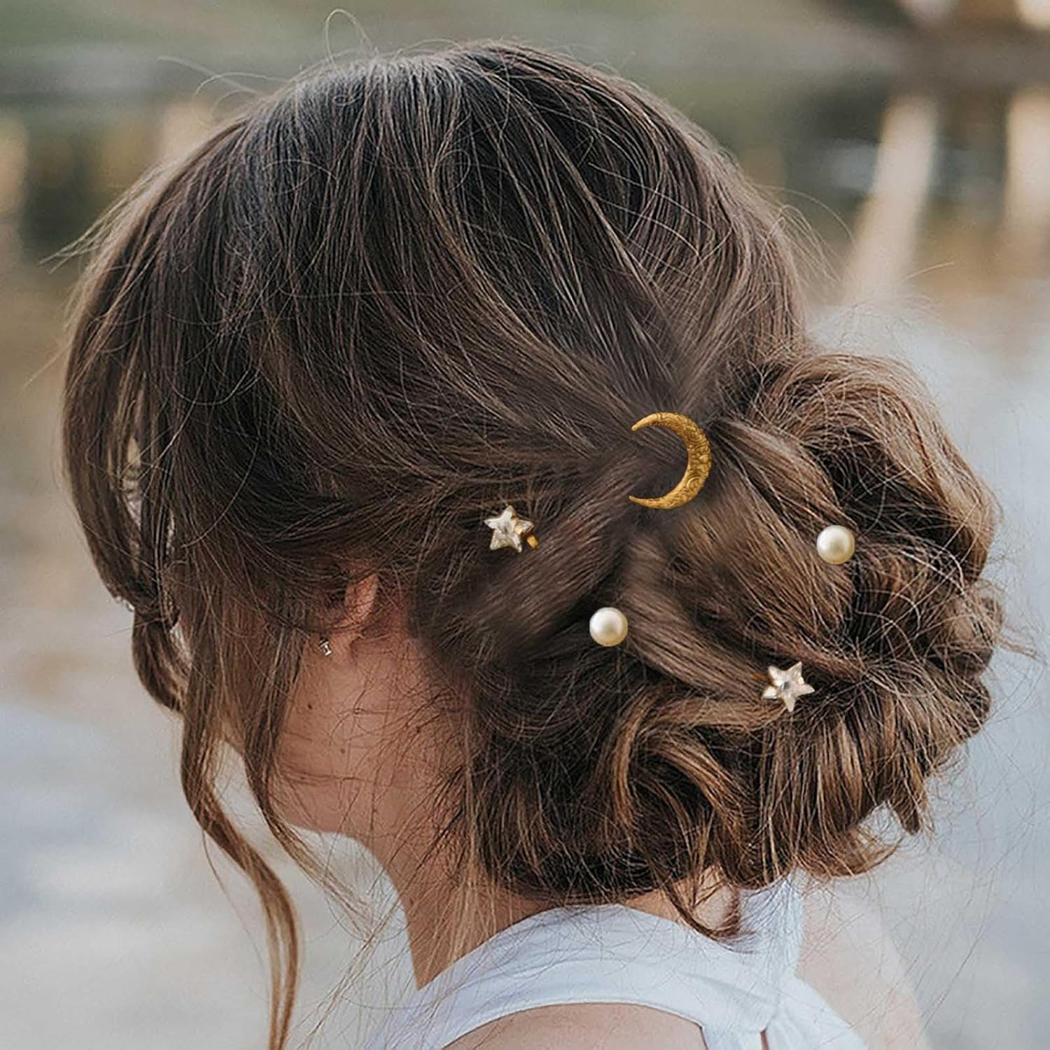 Inateannal Rhinestone Moon Star Hair Clips Gold Pearl Star Moon Hair Clip Sets Bridal Pearl Hair Bobby Pins Wedding Decorative Bobby Pins Prom Hair Accessories 5 Pieces