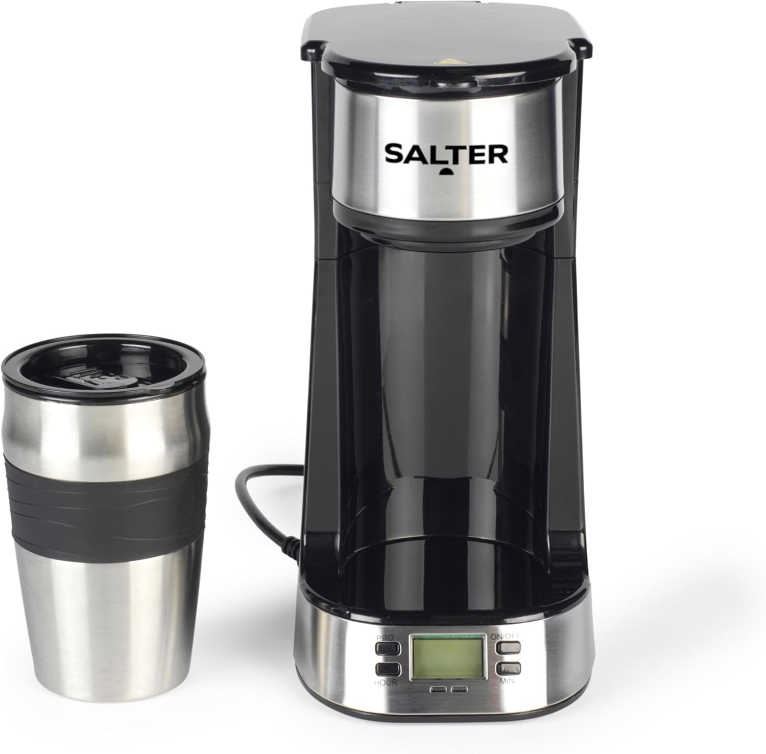 Salter Digital Coffee Maker &ndash; One Cup Filter Coffee Machine, Washable & Reusable Filter, Includes 420Ml Stainless Steel Travel Mug, 3-4 Minutes Brewing, Suitable for Ground Coffee/Pads, Timer, 750W