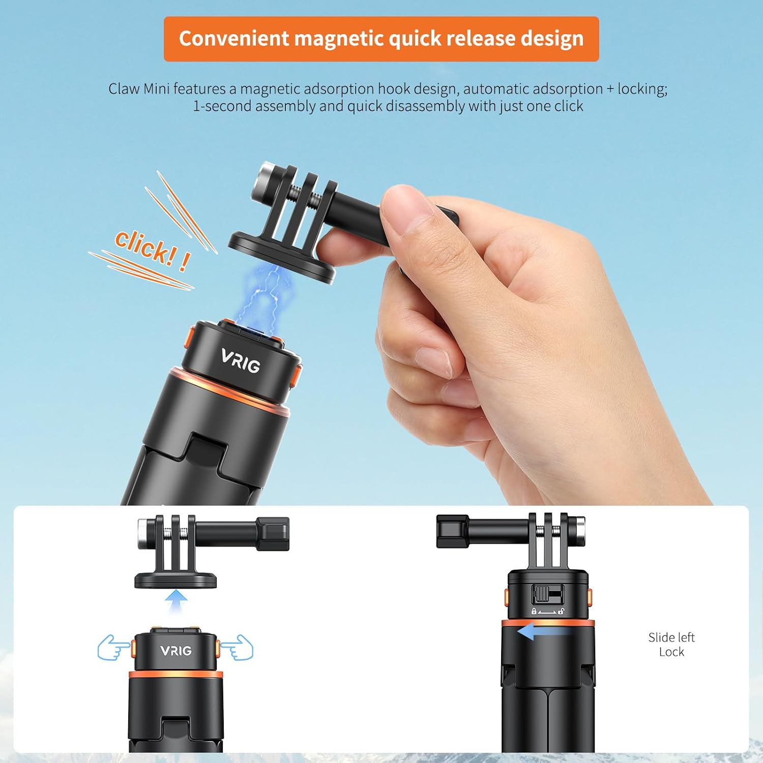 VRIG 160 Cm Tripod for Action Camera, AC-04S Camera Tripod with Magnetic Quick Release Head, Selfie Stick Tripod, Camera Tripod with Go Pro 13/12/11/10/9, DJI Action 5 Pro/ 3/2 and Insta 360 image number 3