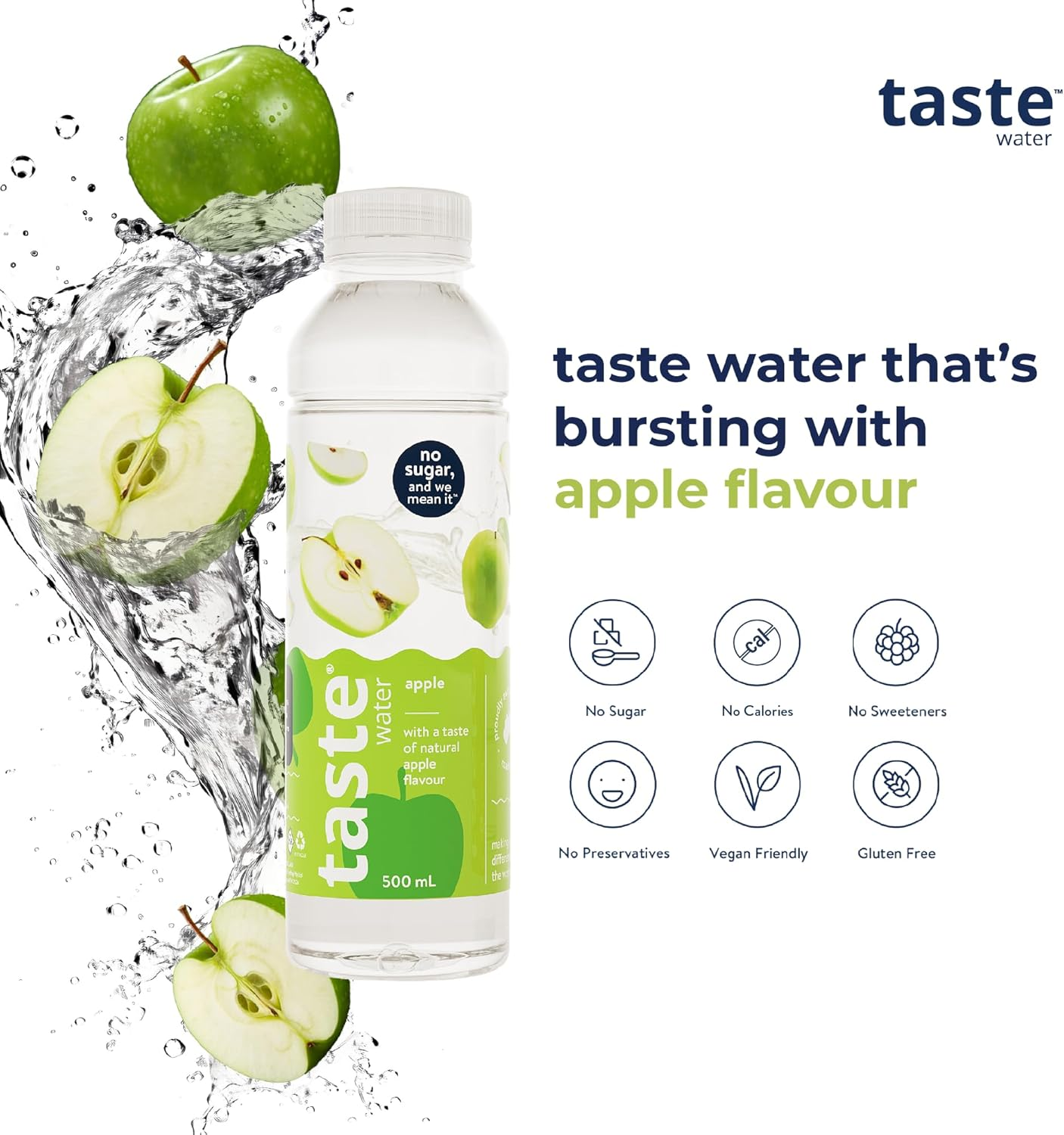 Taste Water Natural Apple Flavour, Fruit-Infused Water for a Healthy Lifestyle, Zero-Calorie Hydration, Zero Sugar, No Preservatives, No Sweeteners, 12 X 500Ml