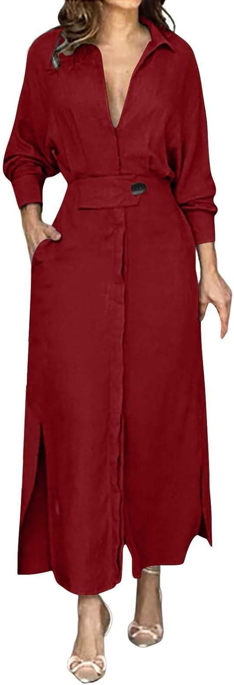 Cute Maternity Dress for Women Cotton Linen Formal Maxi Dress Casual Lapel Long Sleeve Dresses with Pockets V Neck Dresses Flower Pattern Pan Collar Women image number 1