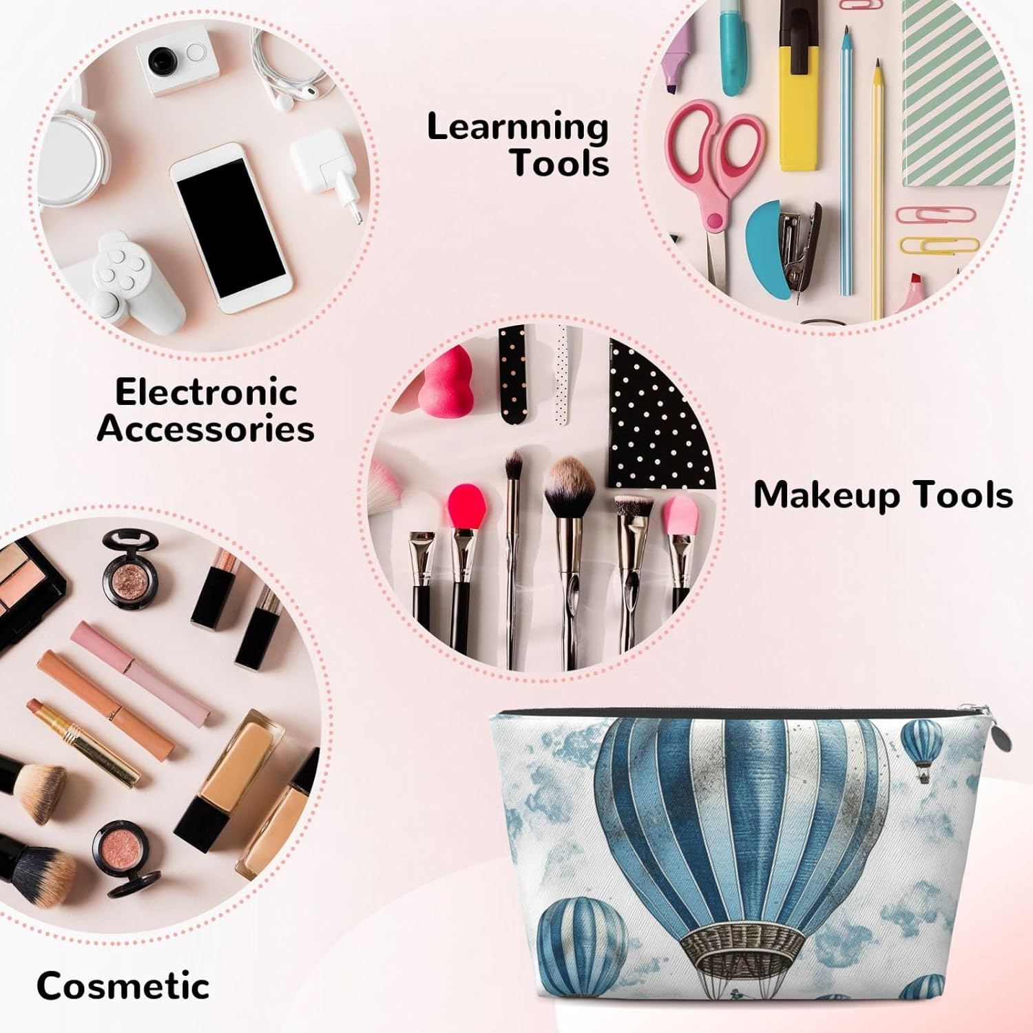 SDTYKHJ Large Capacity Makeup Bag for Women, Waterproof Portable Shaving Bag, Small Toiletry Bag, Blue Air Balloon, Leather Cosmetic Organizer Bags for Travel, Siliver, One Size image number 1