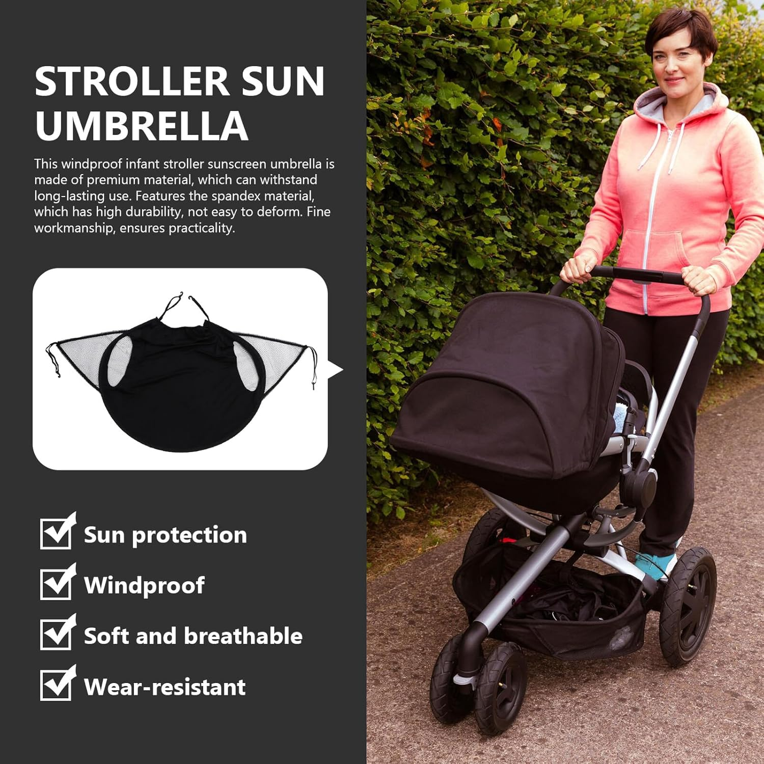 Stroller Sunscreen Umbrella with High Elastic Steel Core Flexible Strip Windproof Stroller Awning Accessory High-Density Elastic Cloth Sunshade for Pram and Car Seat Easy Storage image number 3