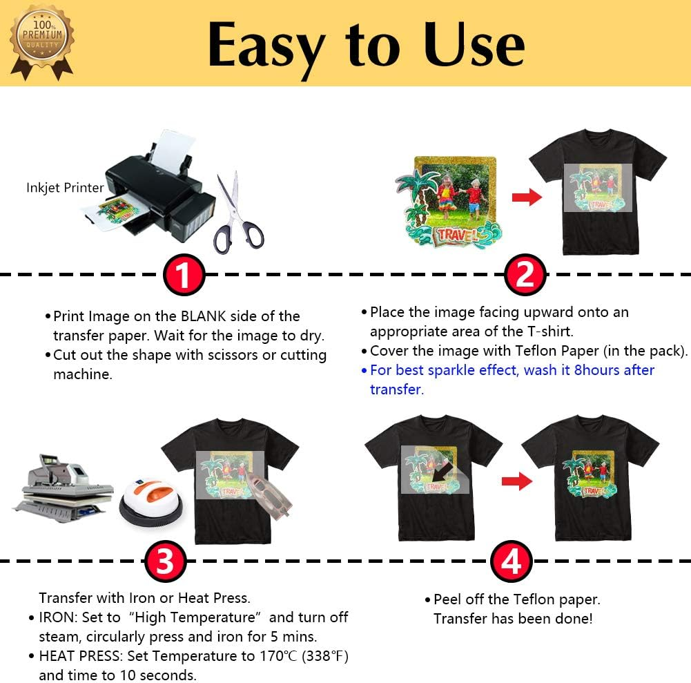 Transourdream Glitter 1.0 Iron on Heat Transfer Paper for T Shirts (10 Sheets, A4) Printable Heat Transfer Vinyl for Inkjet Printer Iron-On Transfers Paper for Light and Dark Fabric (AU-10-10) image number 1