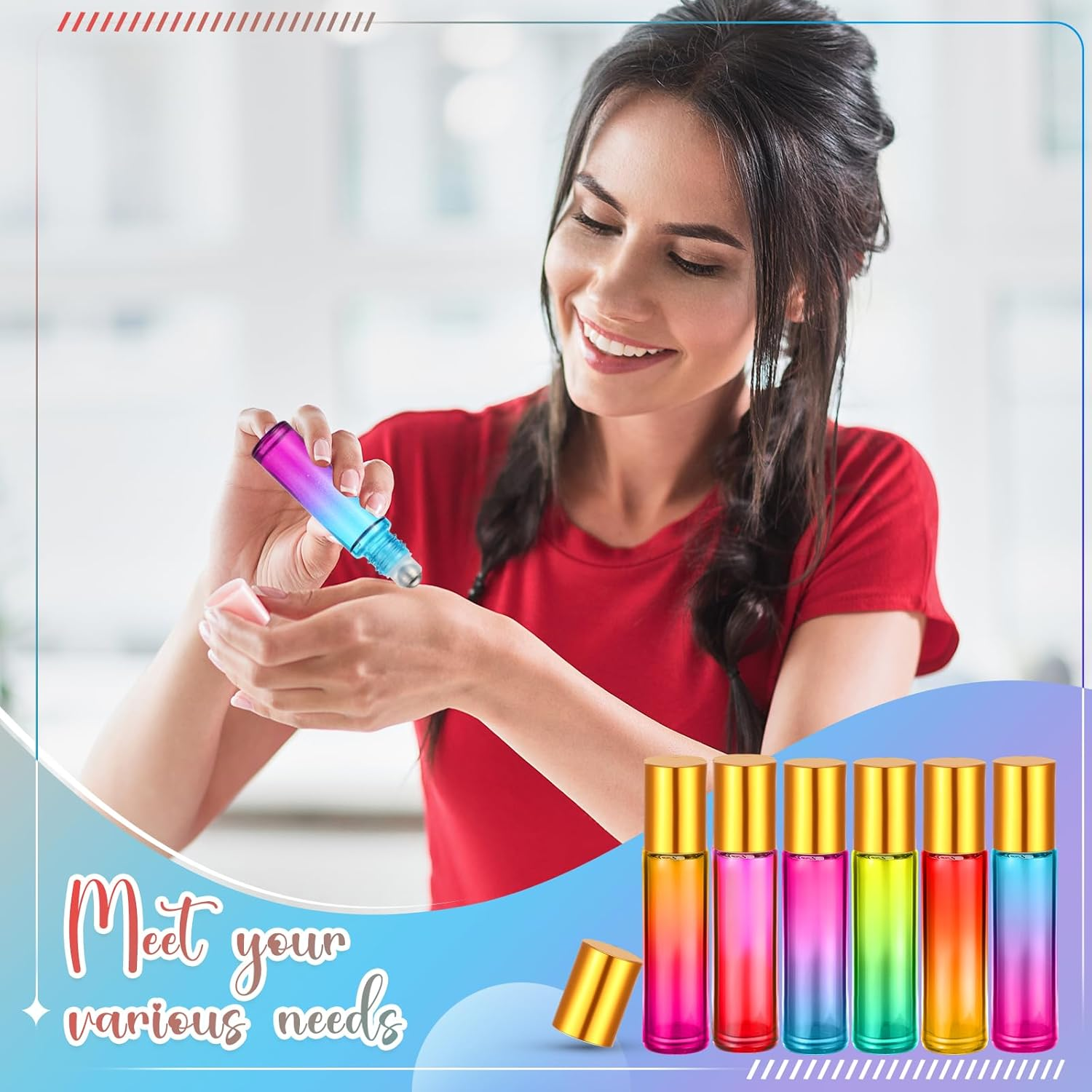 SEEWEY 96 Pcs Essential Oil Roller Bottles 10Ml Empty Glass Roller Bottles with Stainless Steel Roller Balls Protection Leakproof with 5 Funnel for Travel Perfume Lip Gloss (Gradient Color)