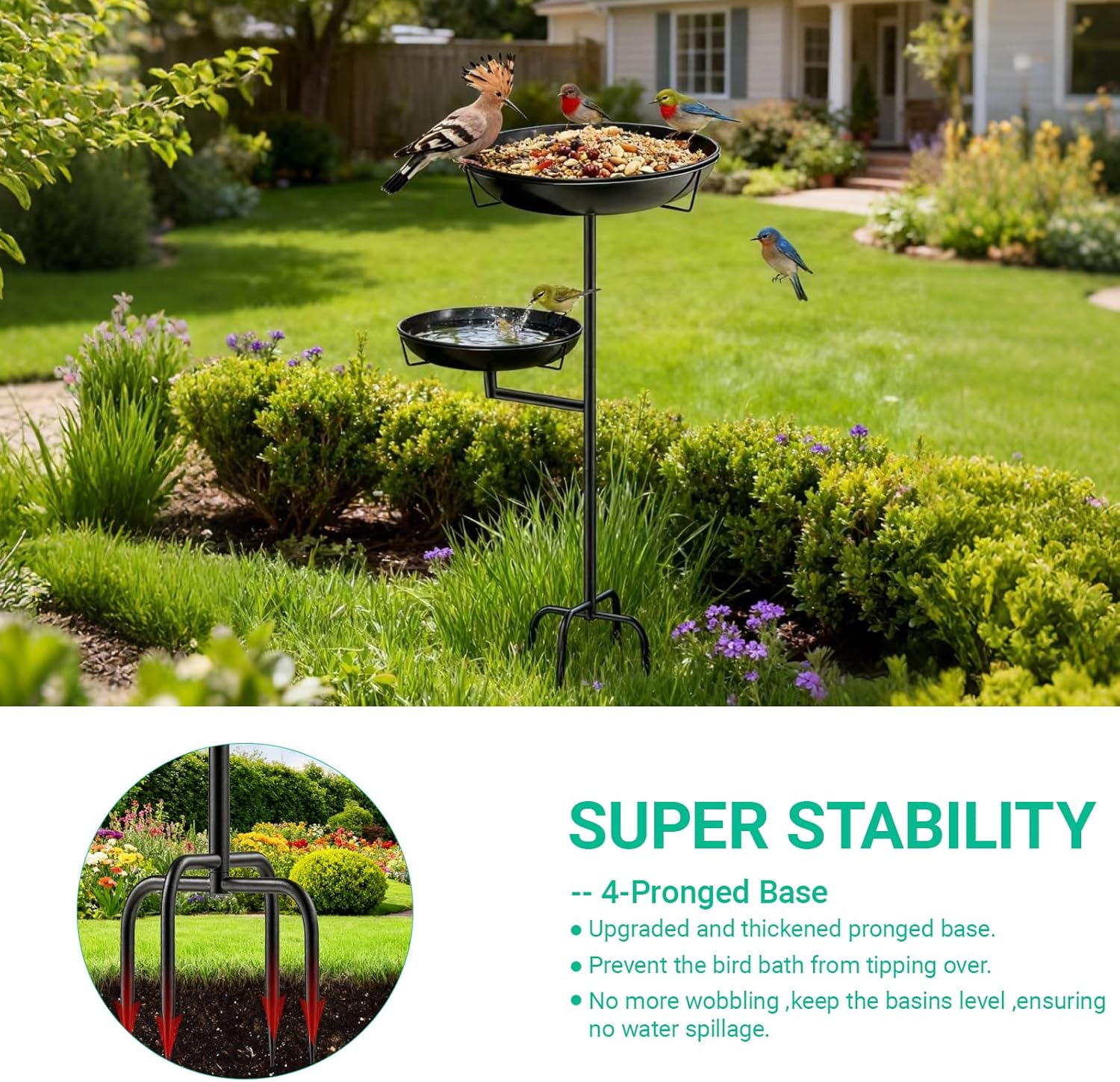 Freestanding Bird Feeder for Outside, Removable Metal Bird Bath with Double Bowls for Outdoors Garden Backyard Patio Yard Lawn Decor image number 2