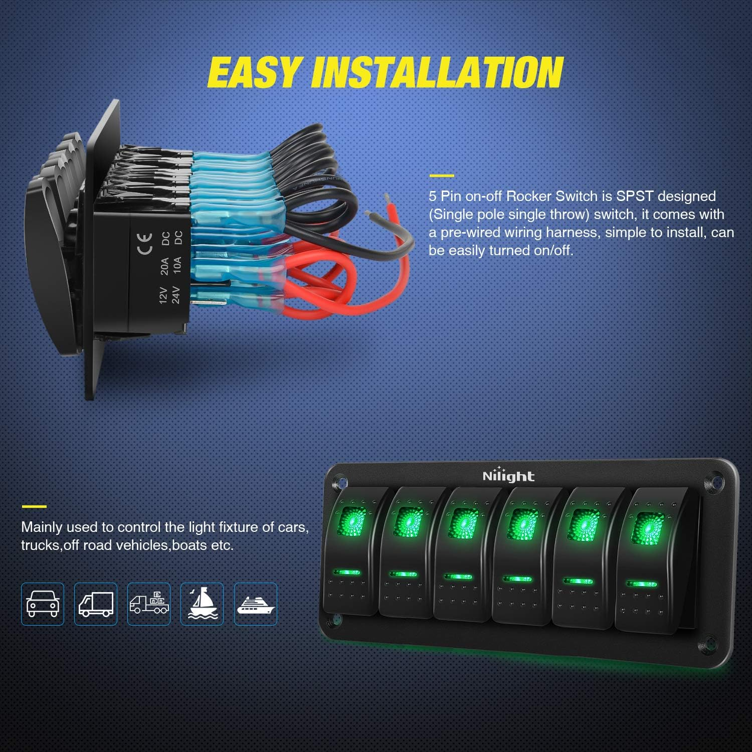 Nilight 6 Gang Rocker Switch Panel 5Pin on off Toggle Switch Aluminum Holder 12V 24V Dash Pre-Wired Green Backlit Switches for Automotive Cars Marine Boats Rvs Truck image number 6