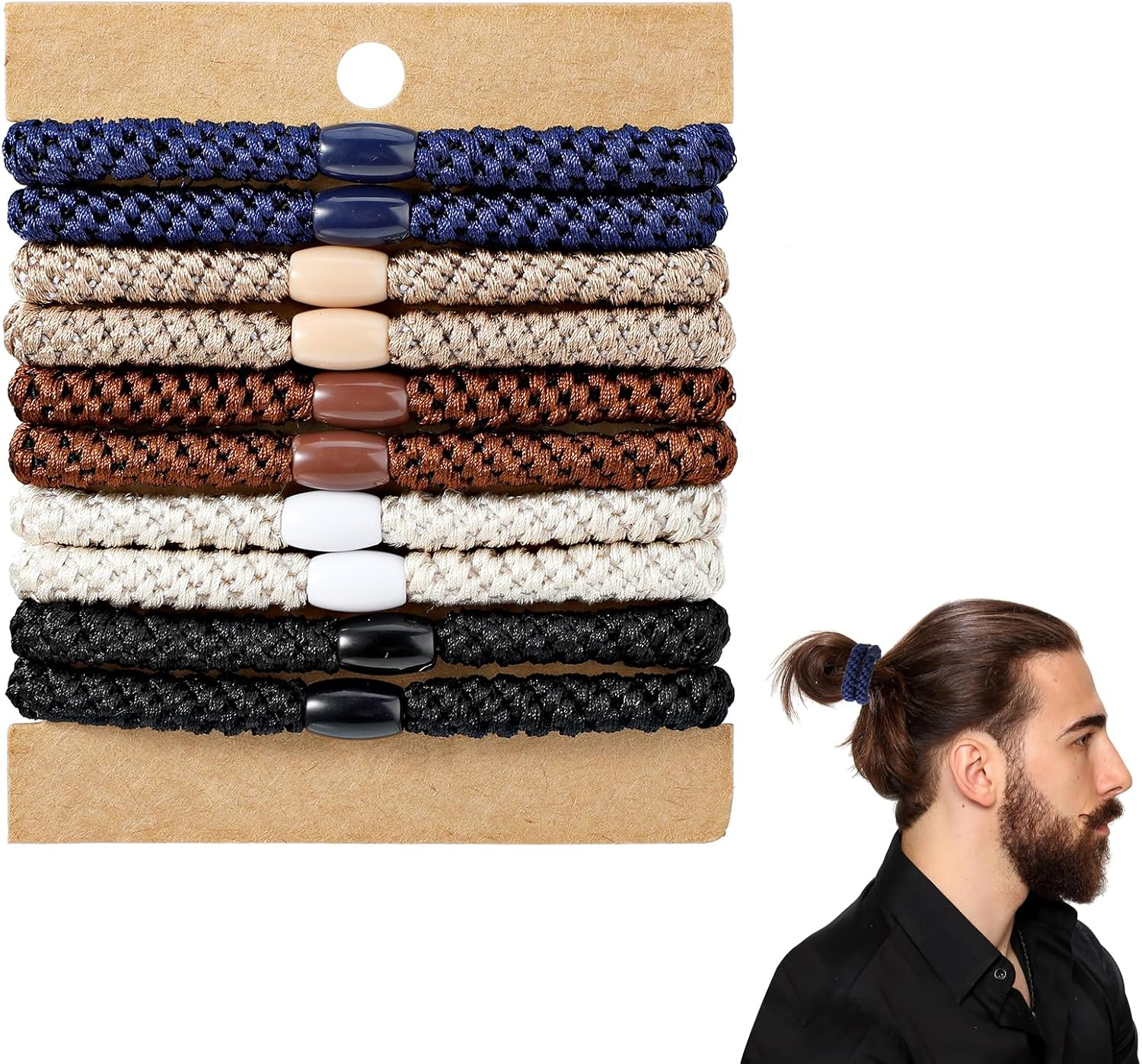 Pack of 10 Men'S Hair Ties, Nylon Fabric and Rubber Material for Strong Elasticity and Durability without Hair Breakage or Wrinkles, for Thick Curly and Short Hair in Various Colours image number 1