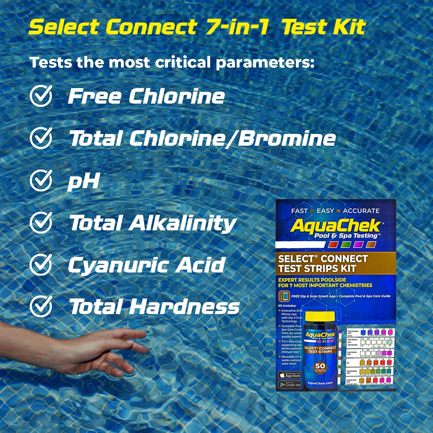 Aquachek Select Connect 7-Way Pool and Spa Test Strips Complete Kit - Pool Test Strips for Ph, Total Chlorine, Free Chlorine, Bromine, Alkalinity, Total Hardness, and Cyanuric Acid - (50 Strips) image number 1