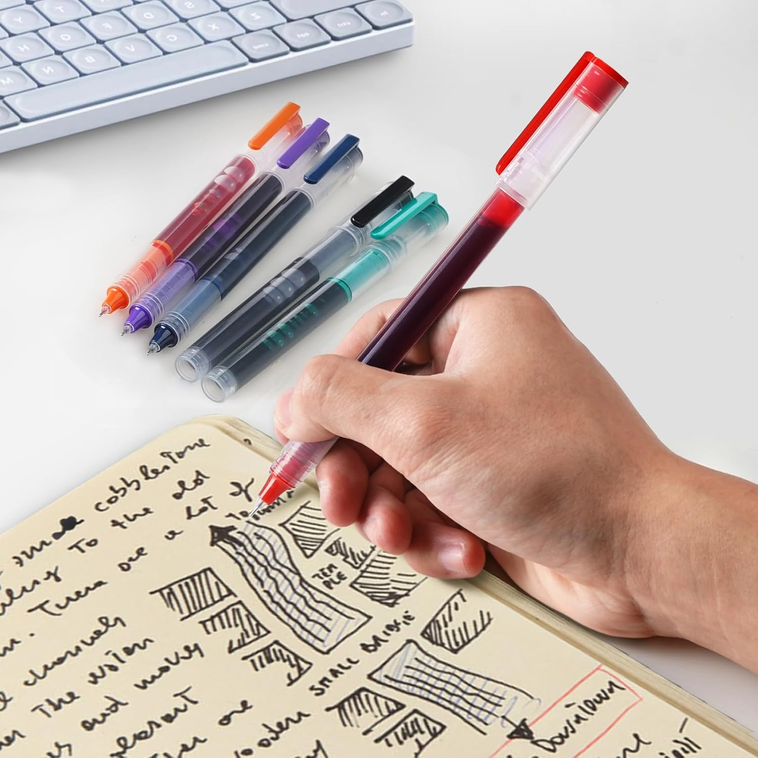 Drenubal 8 Pack Liquid Ink Pens - Multi-Colored Ink 0.5Mm Fine-Tip Rollerball Pens with Quick-Dry & Smooth Ink, Ideal for Writing, Journaling, and Note-Taking (School & Office Supplies) image number 5