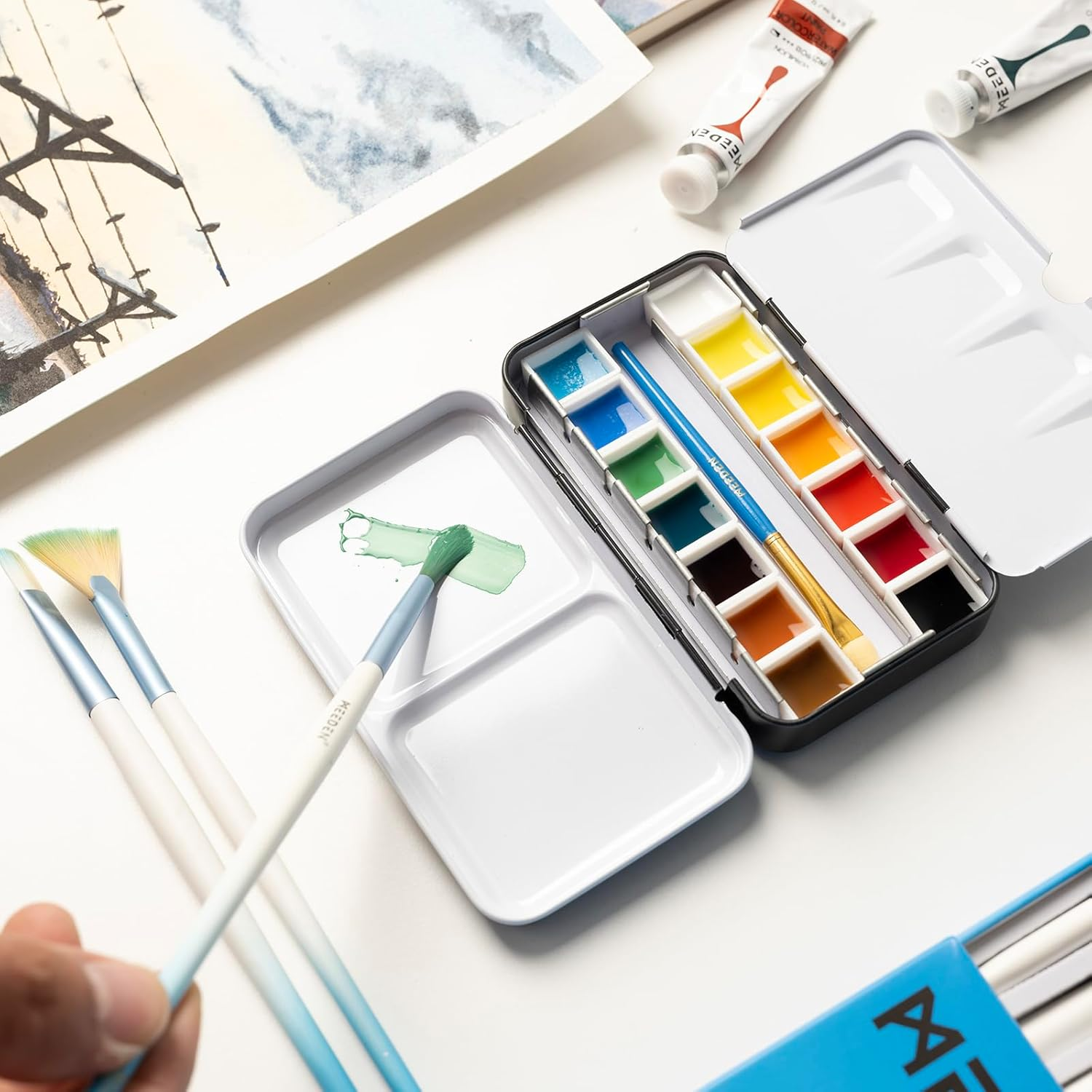 MEEDEN Empty Watercolor Paint Palette: Travel Water Color Palette Tin with 12 Half Pans - Portable Metal Palette Tin Box for Artist Student Adults (Yellow) image number 3