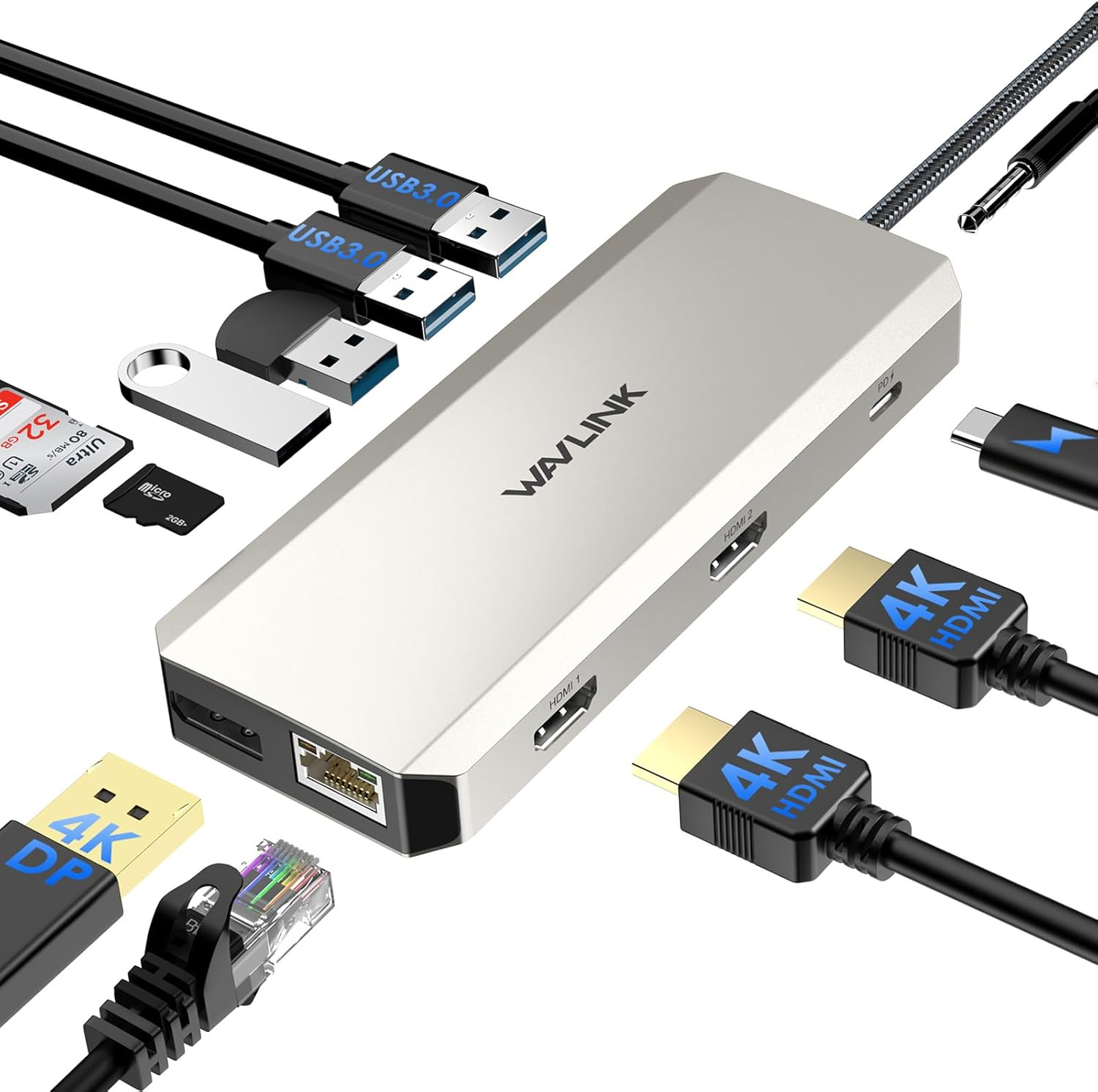 WAVLINK 12-In-1 USB C Docking Station Triple Monitor USB C Hub Dual HDMI Adapter, Type C Multiport Hub Triple Display 4K HDMI Displayport, USB 3.0/2.0 Ports, Ethernet, 85W PD, TF/SD Card Reader, Audio image number 3