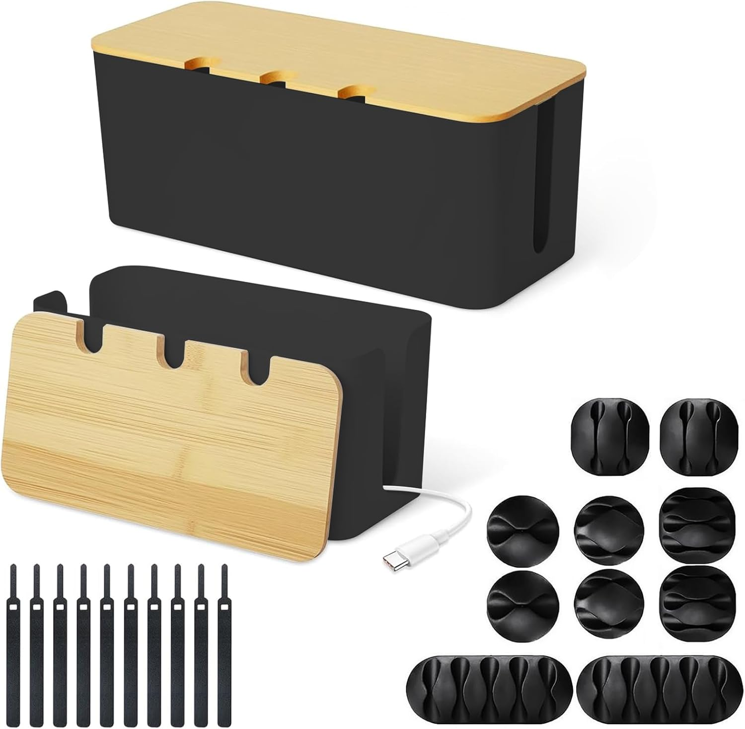 2 Pack Cable Management Box,Cord Organizer with Bamboo Cover for TV Wires,Computer,Router,Usb Hub,Under Desk Power Strip& Cords (Black)