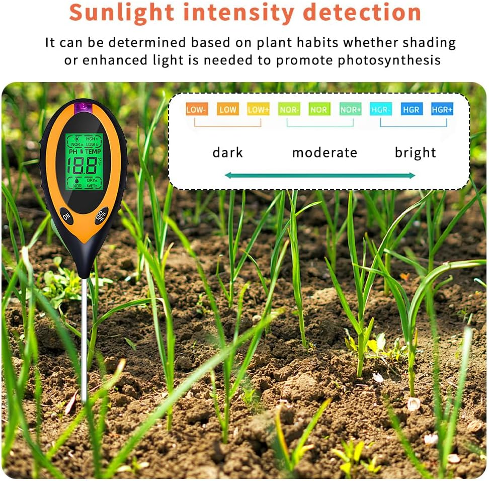 QUMOX Soil PH Tester, 4-In-1 Digital Plant Soil Moisture Meter with PH Value/Temperature/Moisture/Light Intensity for Plants, Garden, Farm, Lawn, Indoor and Outdoor